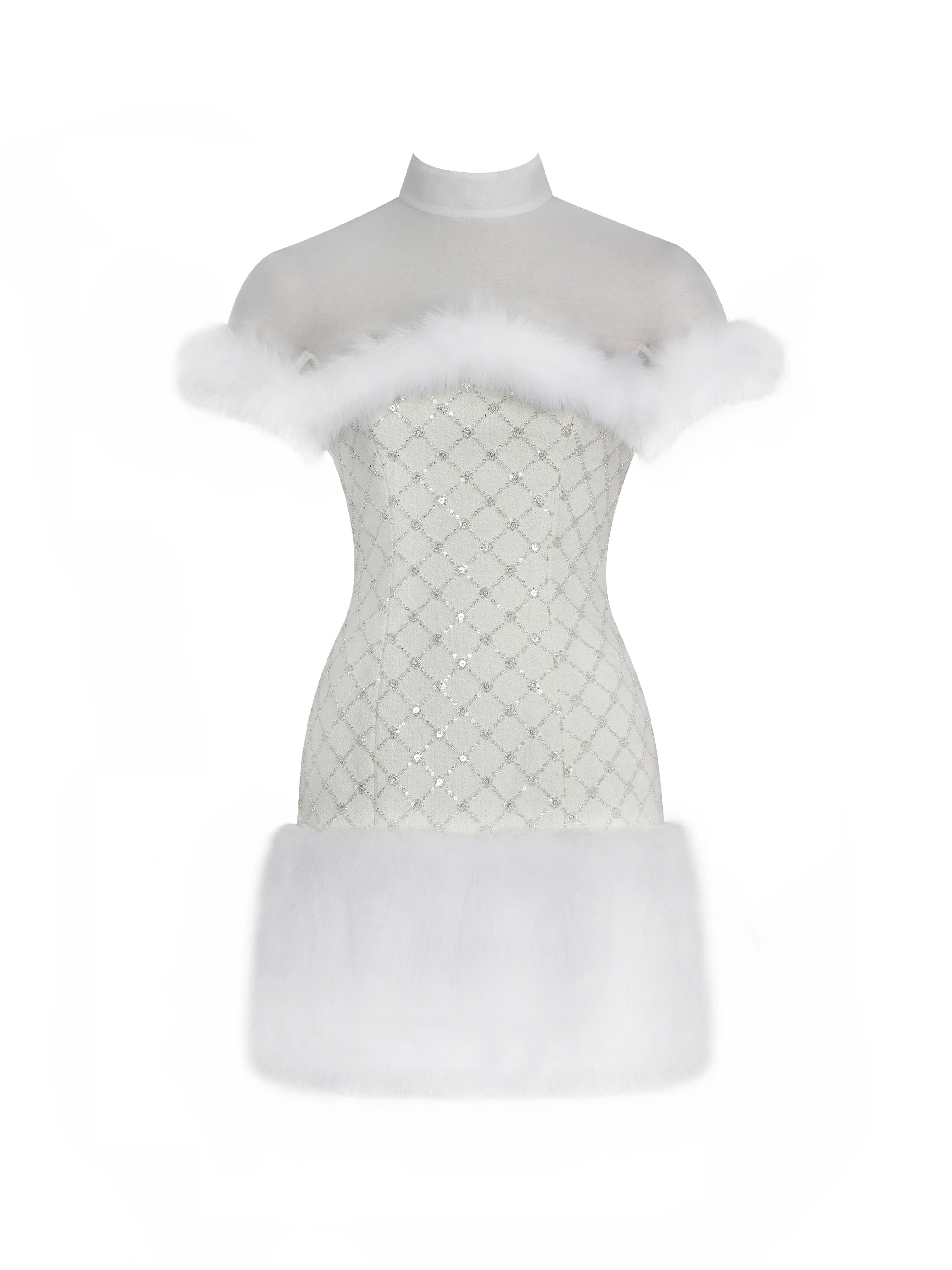 Taylor Ivory Fur Trimmed Beaded Bouclé Mini Dress