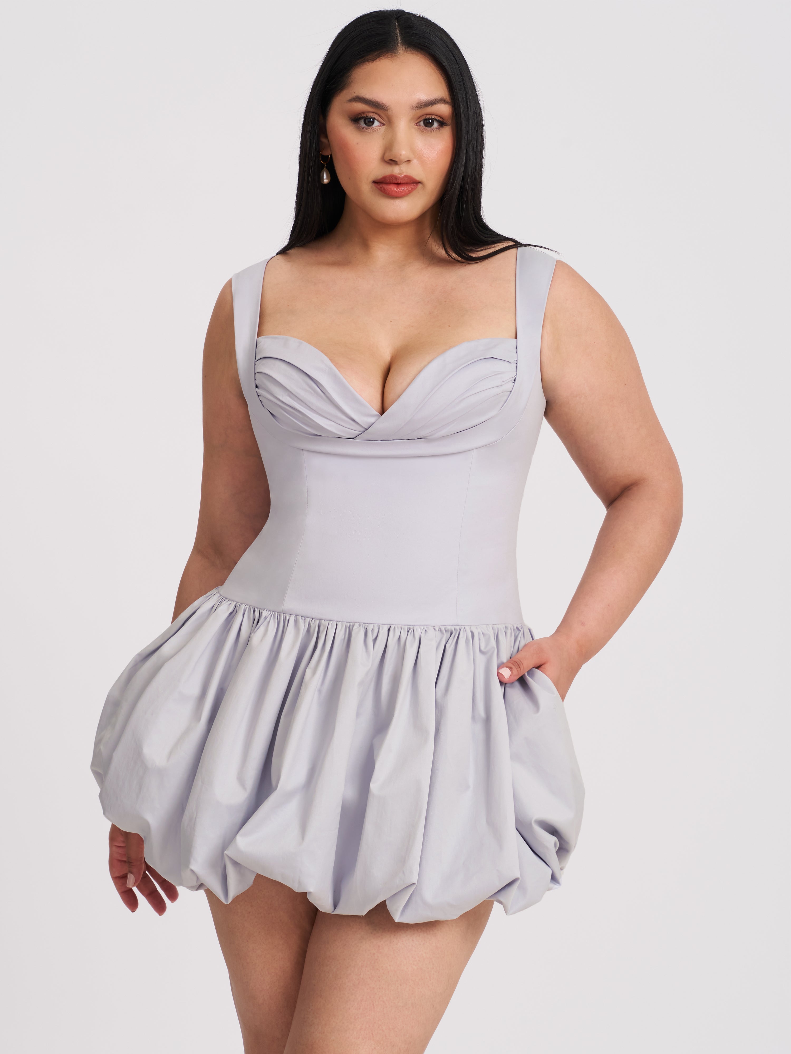 Zada Grey Pleated Breast Bubble Hem Mini Dress