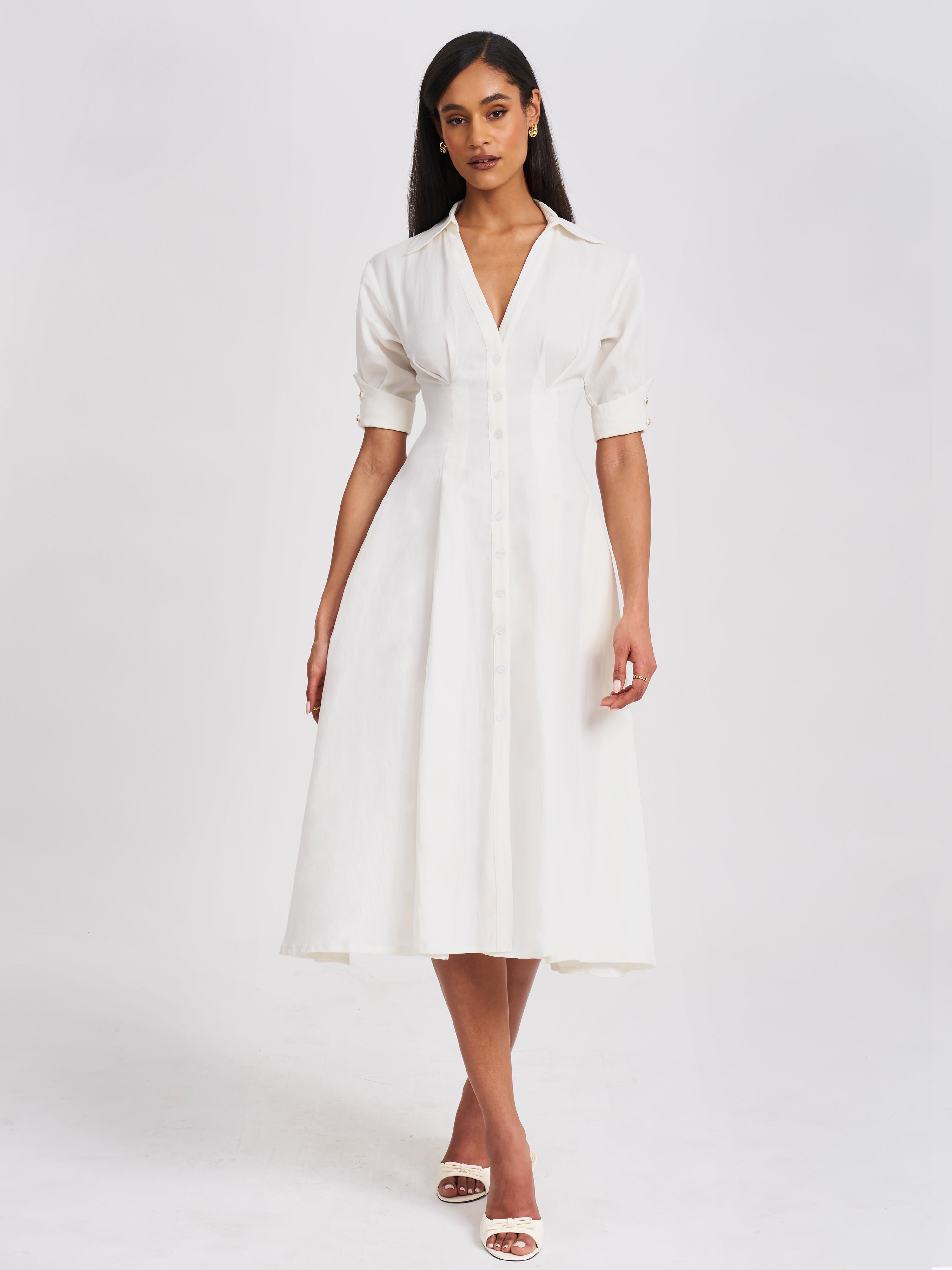 Palina Lyocell Pleated Midi Preppy Shirt Dress
