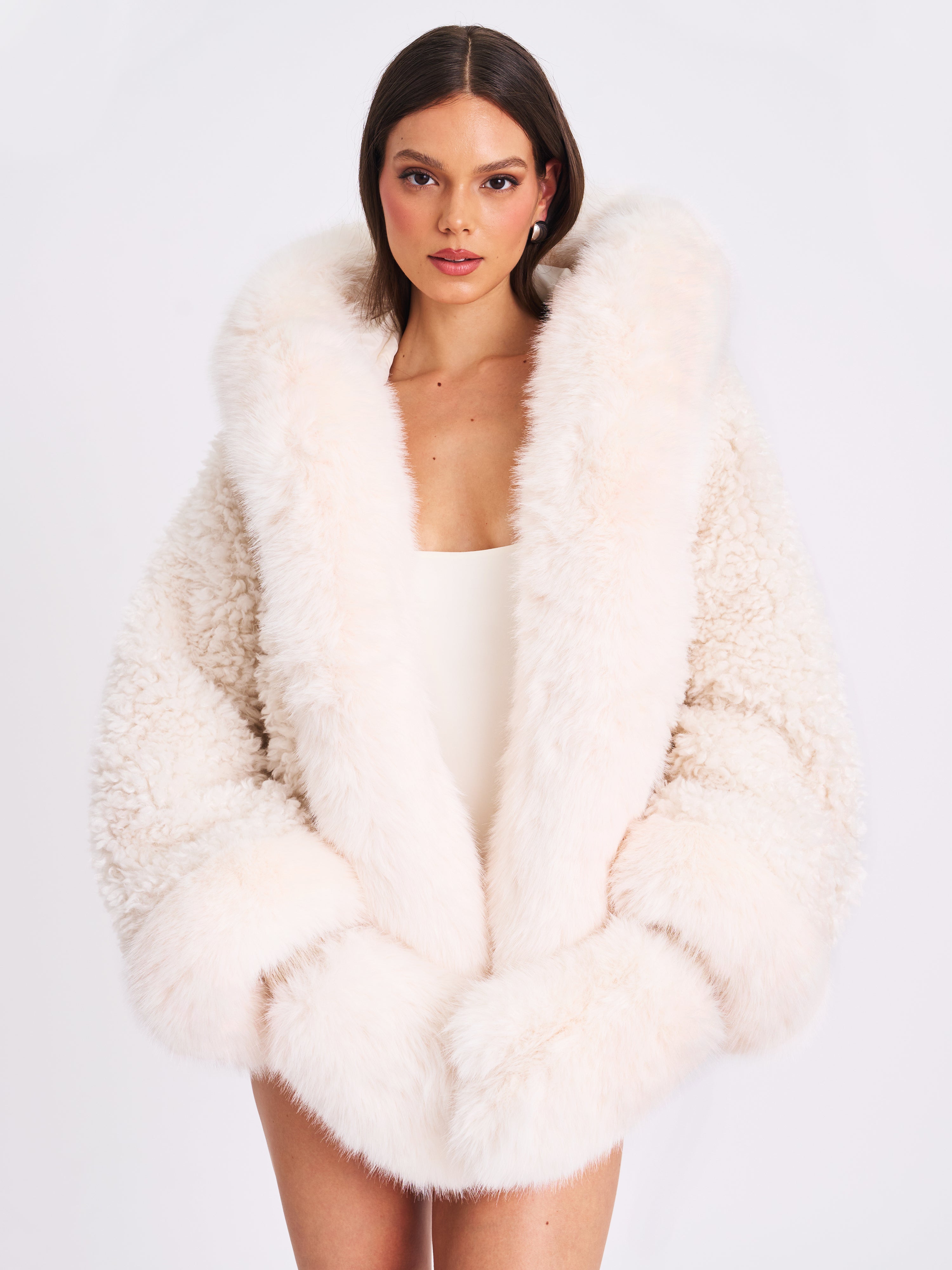 Jumbo Kali White Vegan Shearling Fur Trimmed Coat