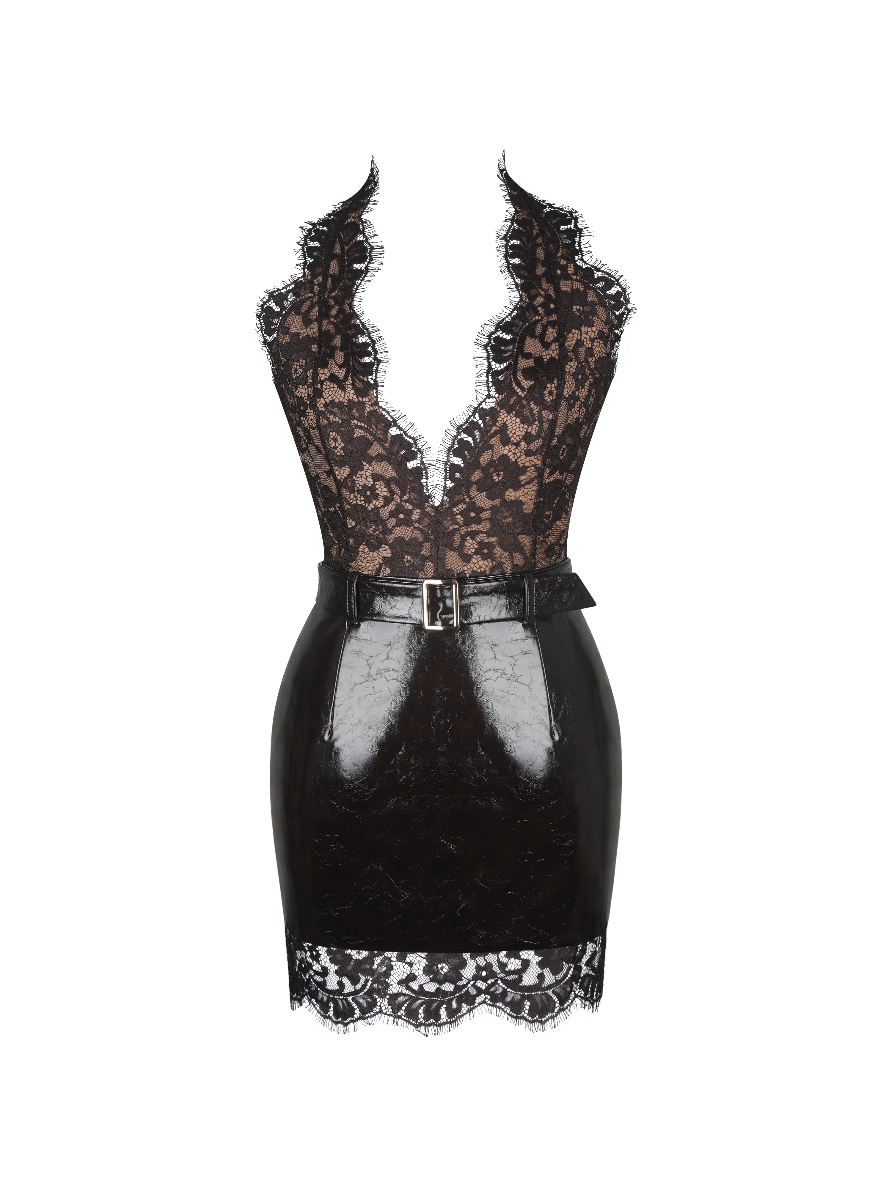 Faris Mahogany Plunging Halter Belted Mini Dress