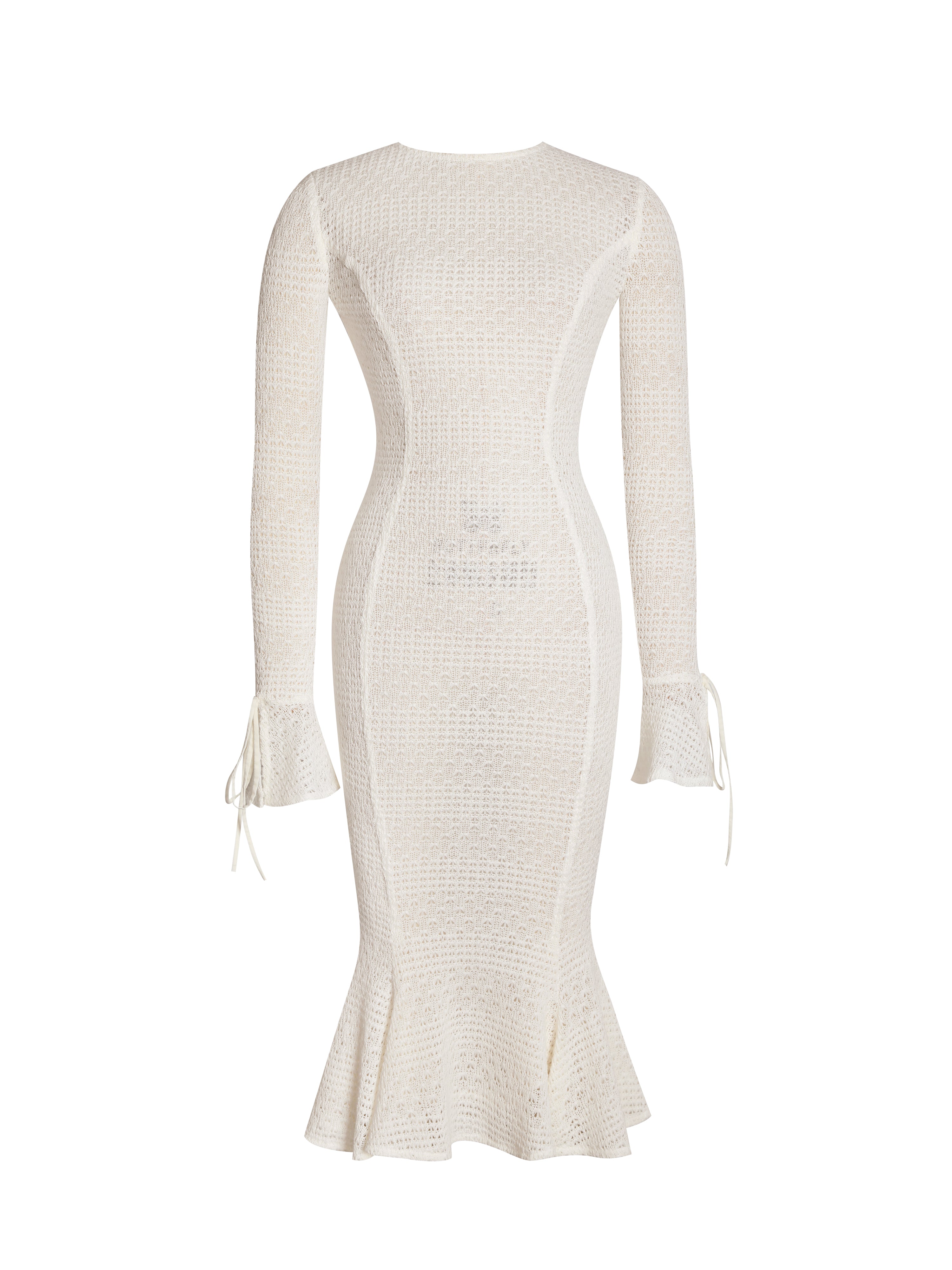 Pamina Beige Crochet Long Sleeve Midi Flare Mermaid Dress