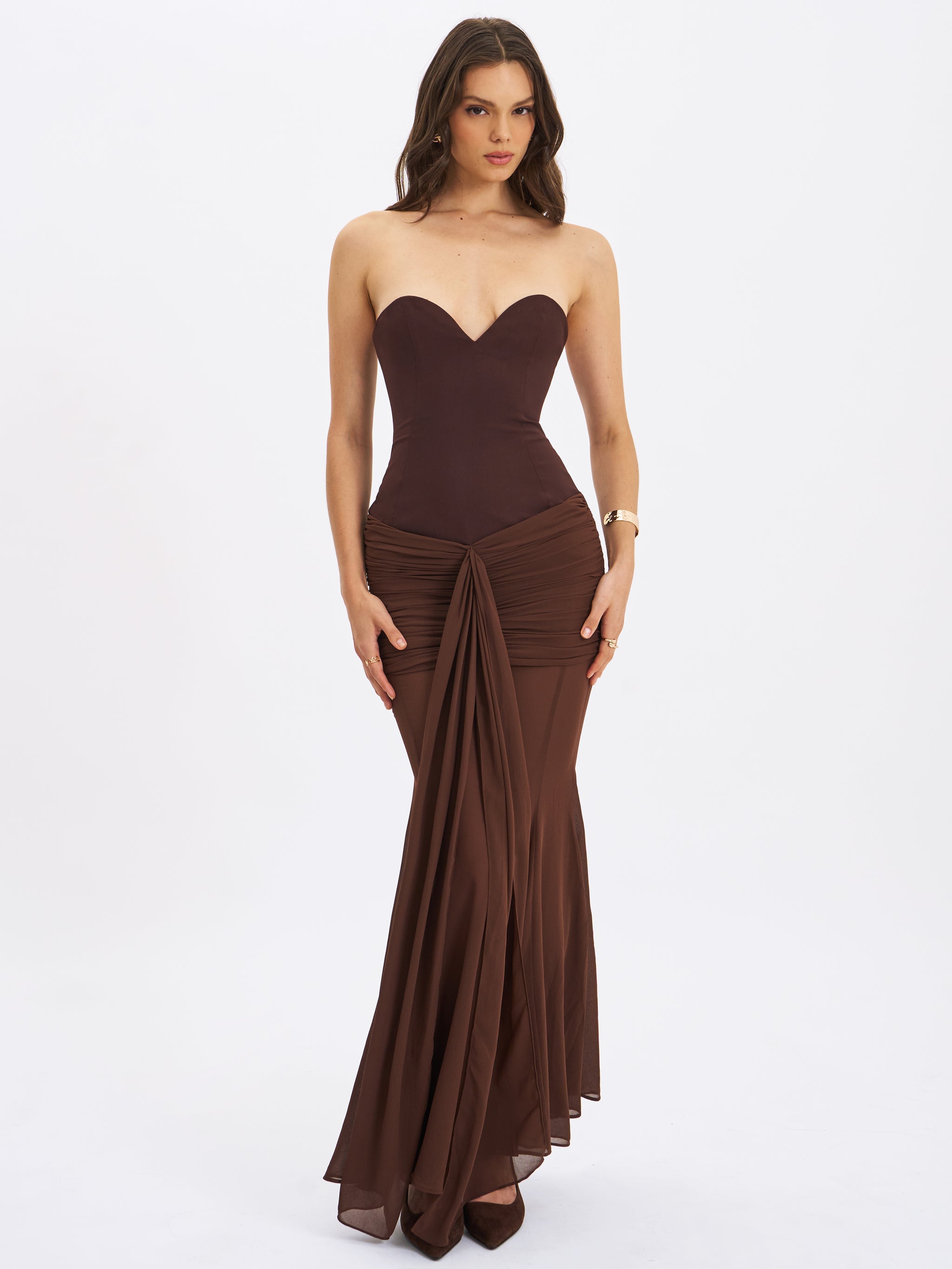 cappuccino ombre mesh zippered long dress Giovana Espresso Sweetheart Draped Mesh Mermaid Maxi Dress