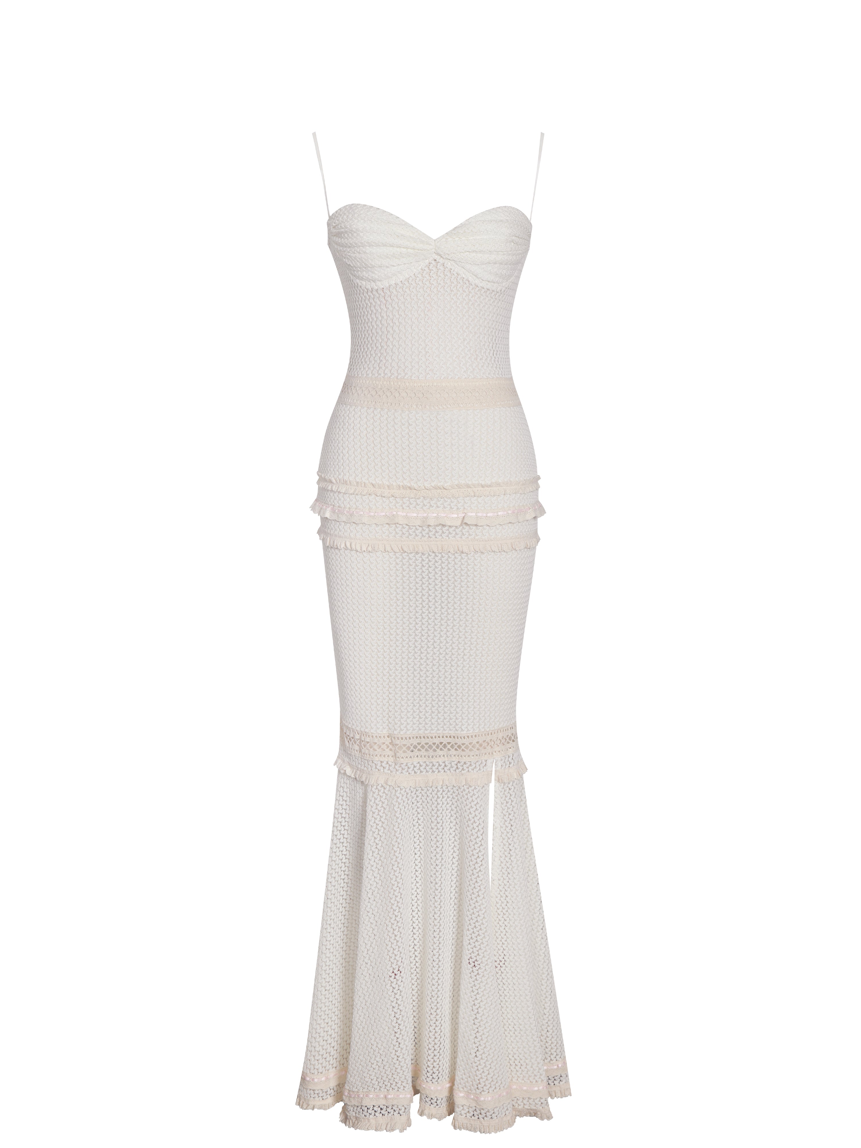 Pallas Beige Lace Trim Crochet Mermaid Maxi Dress