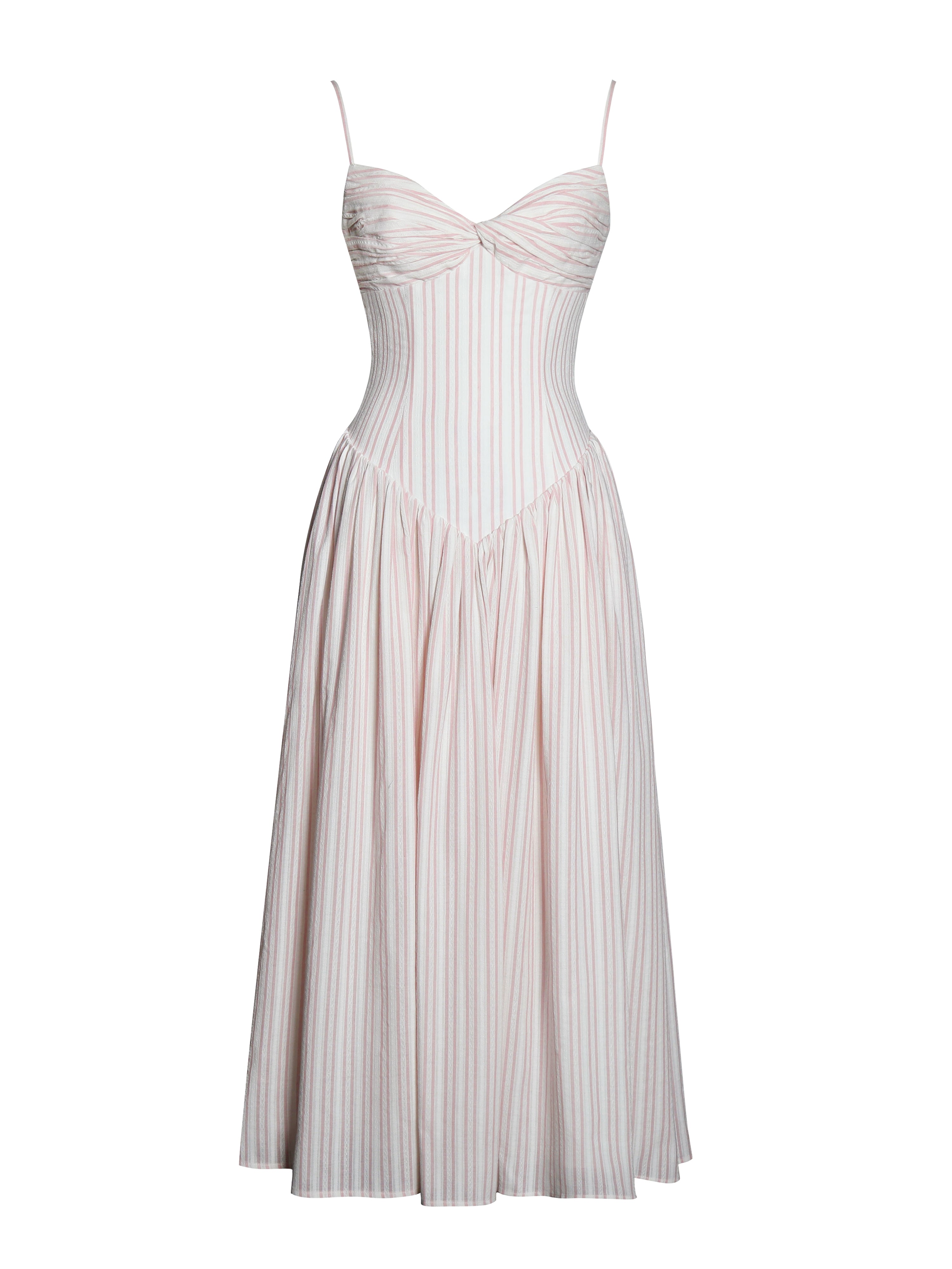 Zania Pink Stripe Ruched Breast Cotton Jacquard Midi Dress