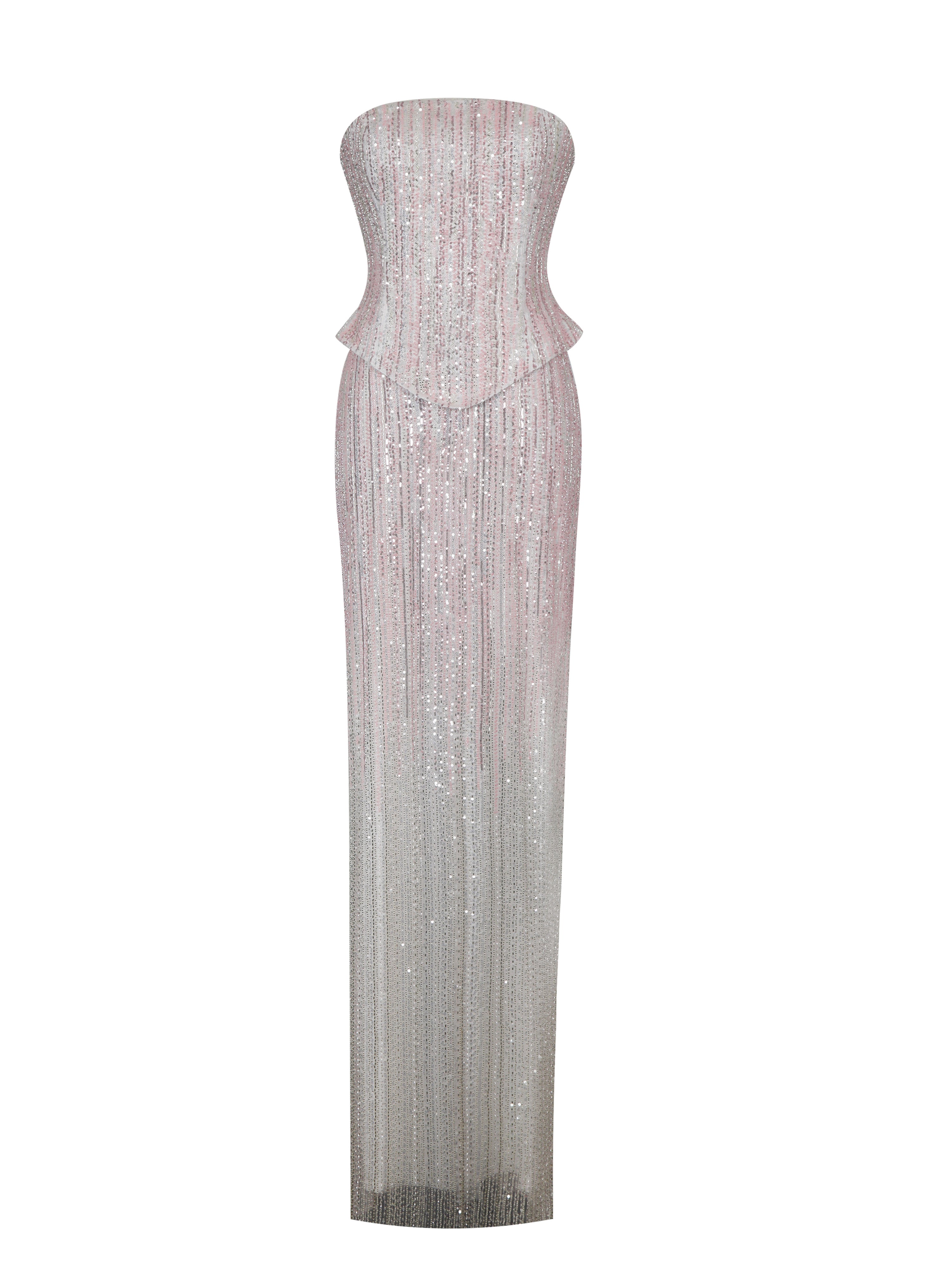 Tosca Beaded Blush Gradient Strapless Peplum Maxi Dress