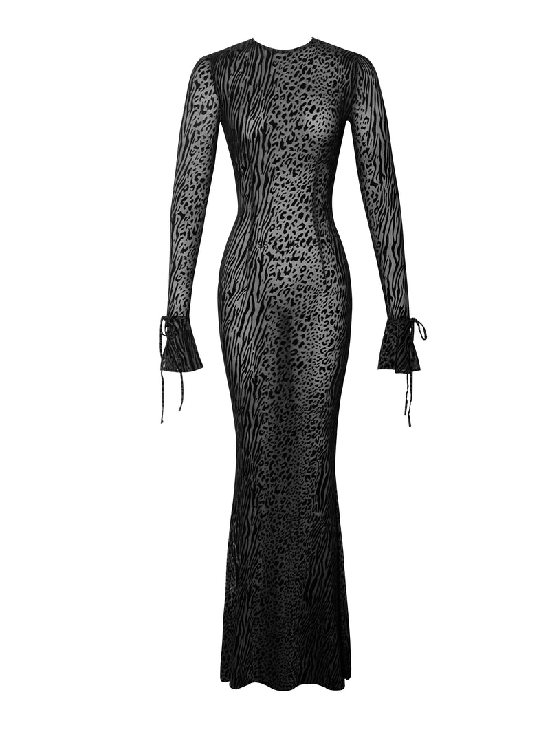 Waylynn Black Animal Print Burnout Velvet Detail Mesh Backless Maxi Dress
