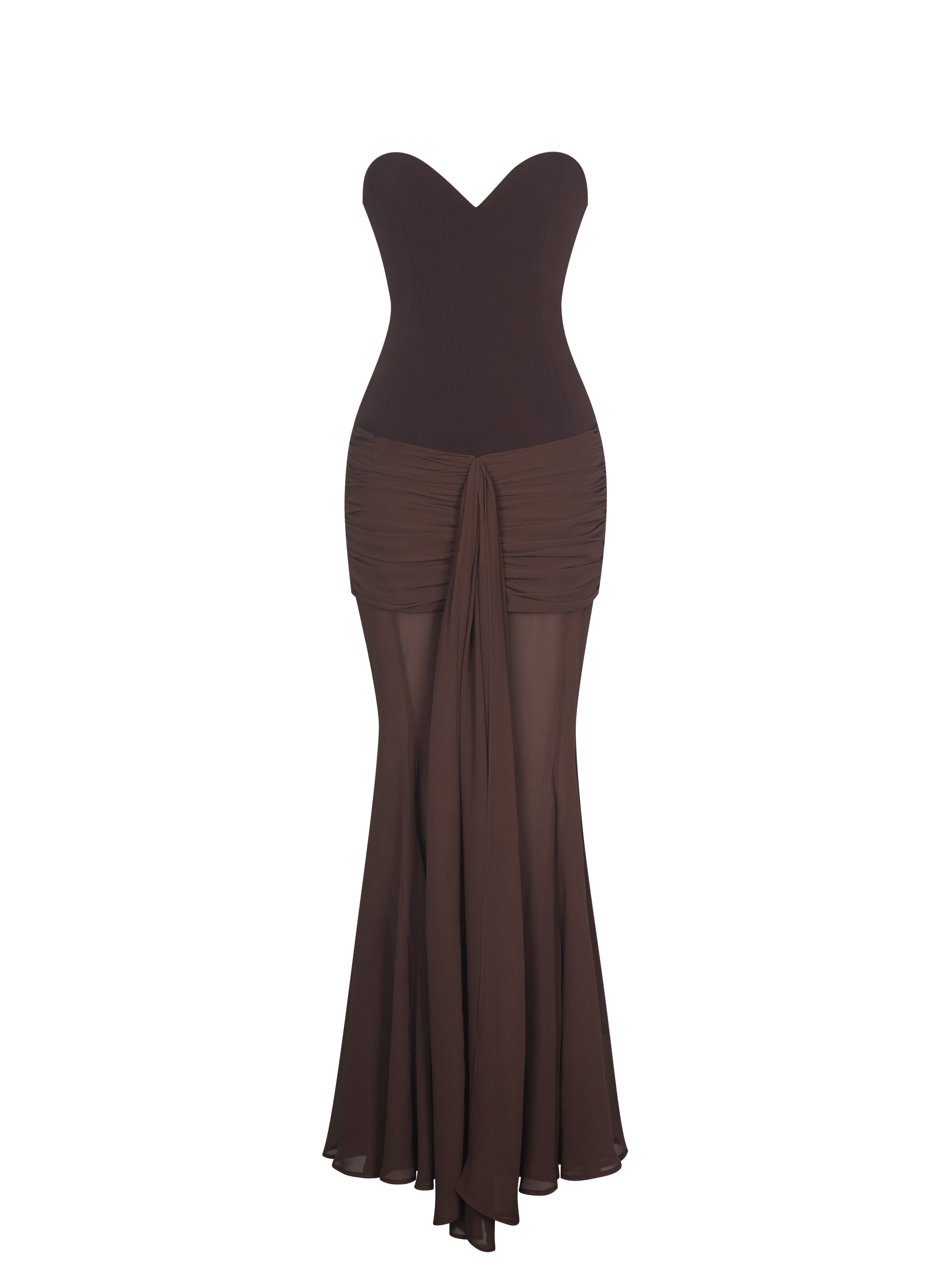 Giovana Espresso Sweetheart Draped Mesh Mermaid Maxi Dress