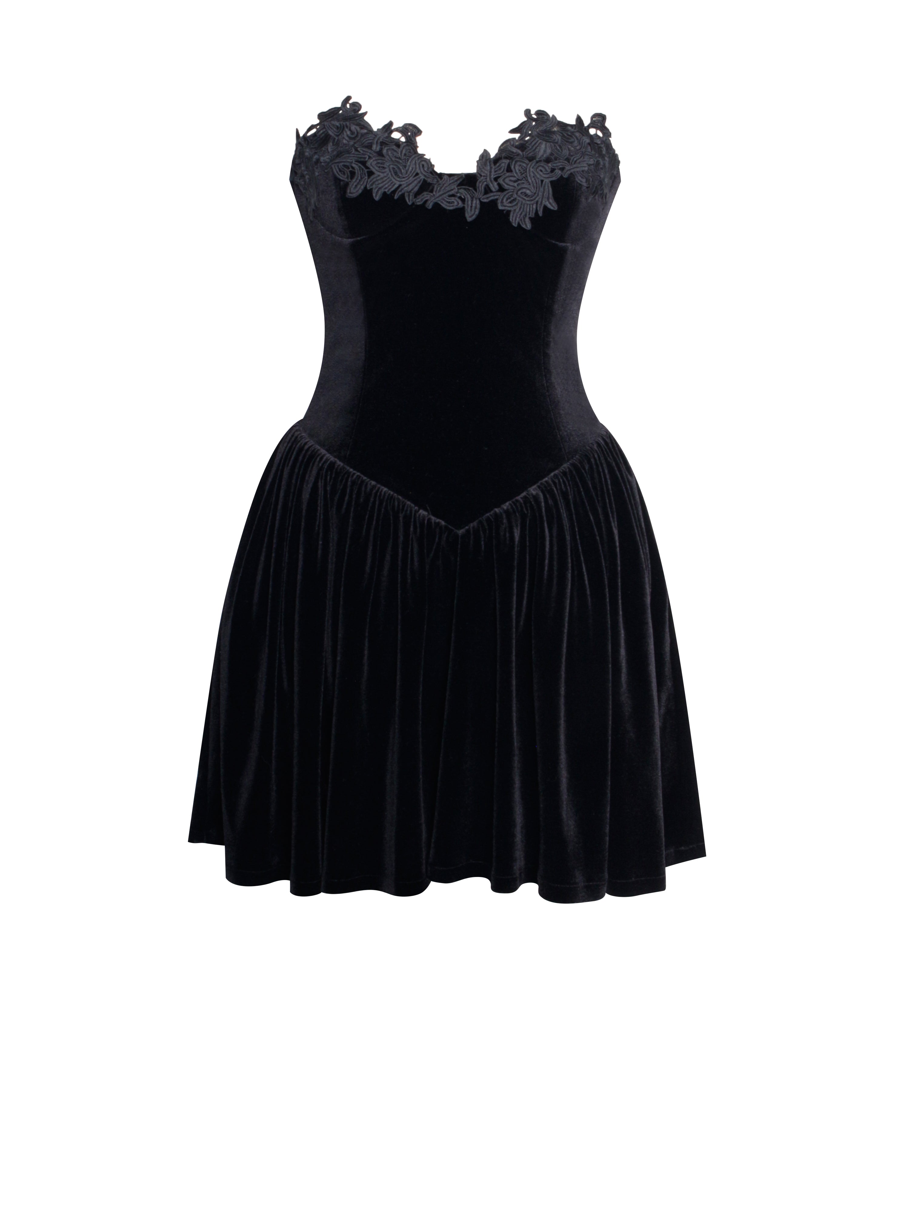 Nora Black Velvet Drop Waist Corset Puffy Mini Dress with Lace Trim (Archive Sale)