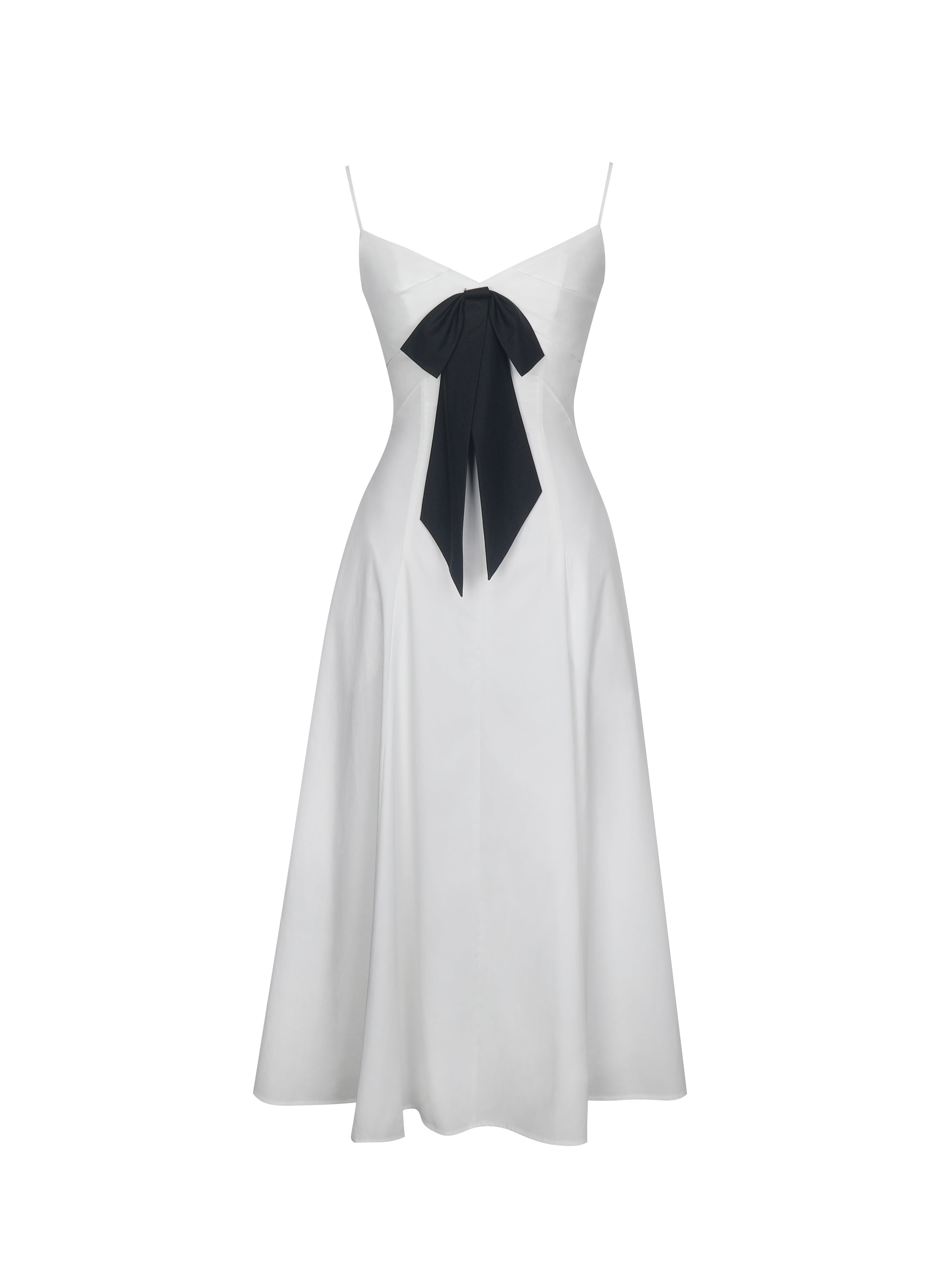 Corinne White Poplin Flared Maxi Dress with Removable Bow