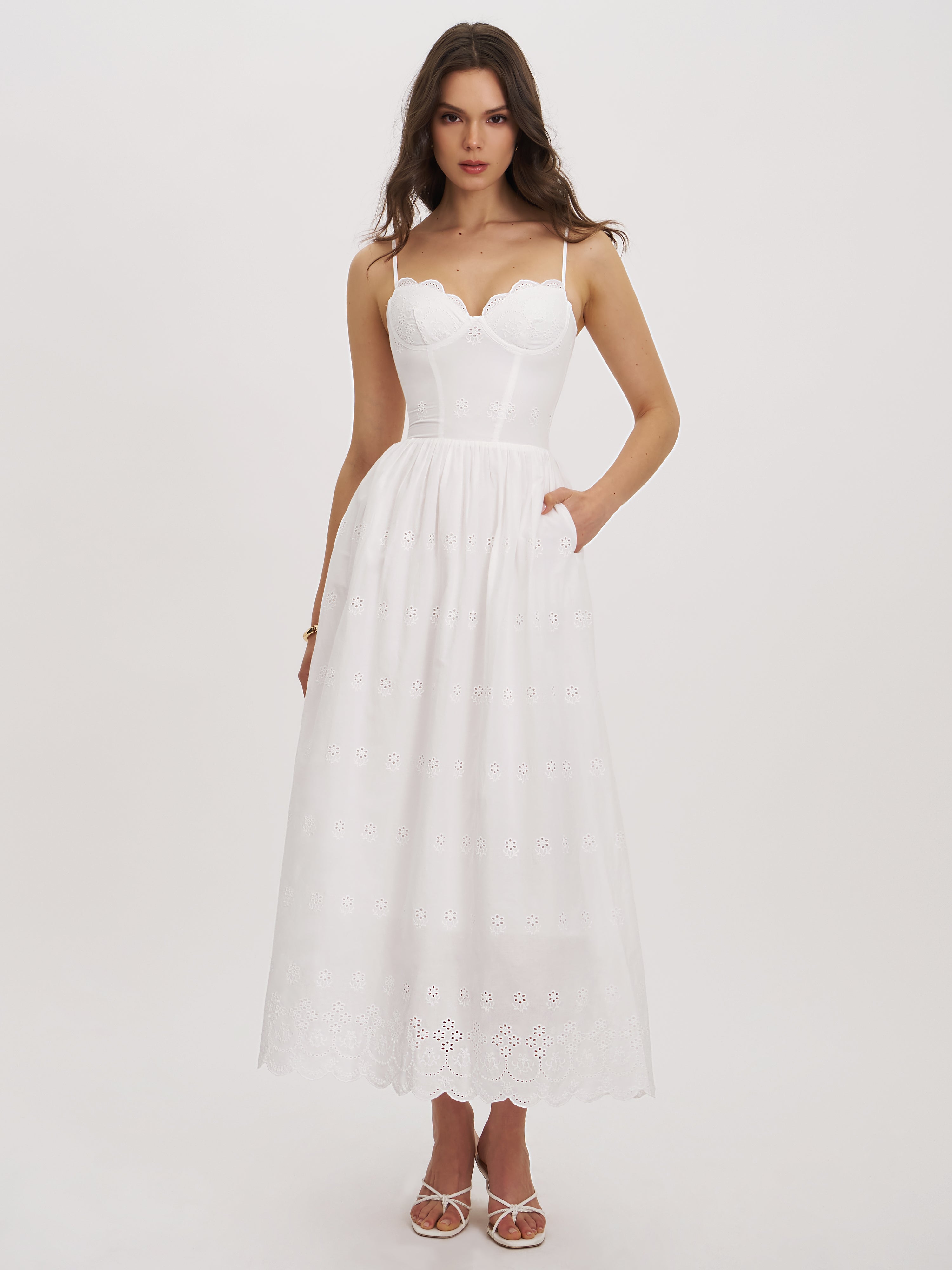 Oberon White Cotton Eyelet Lace-Up Back Maxi Dress