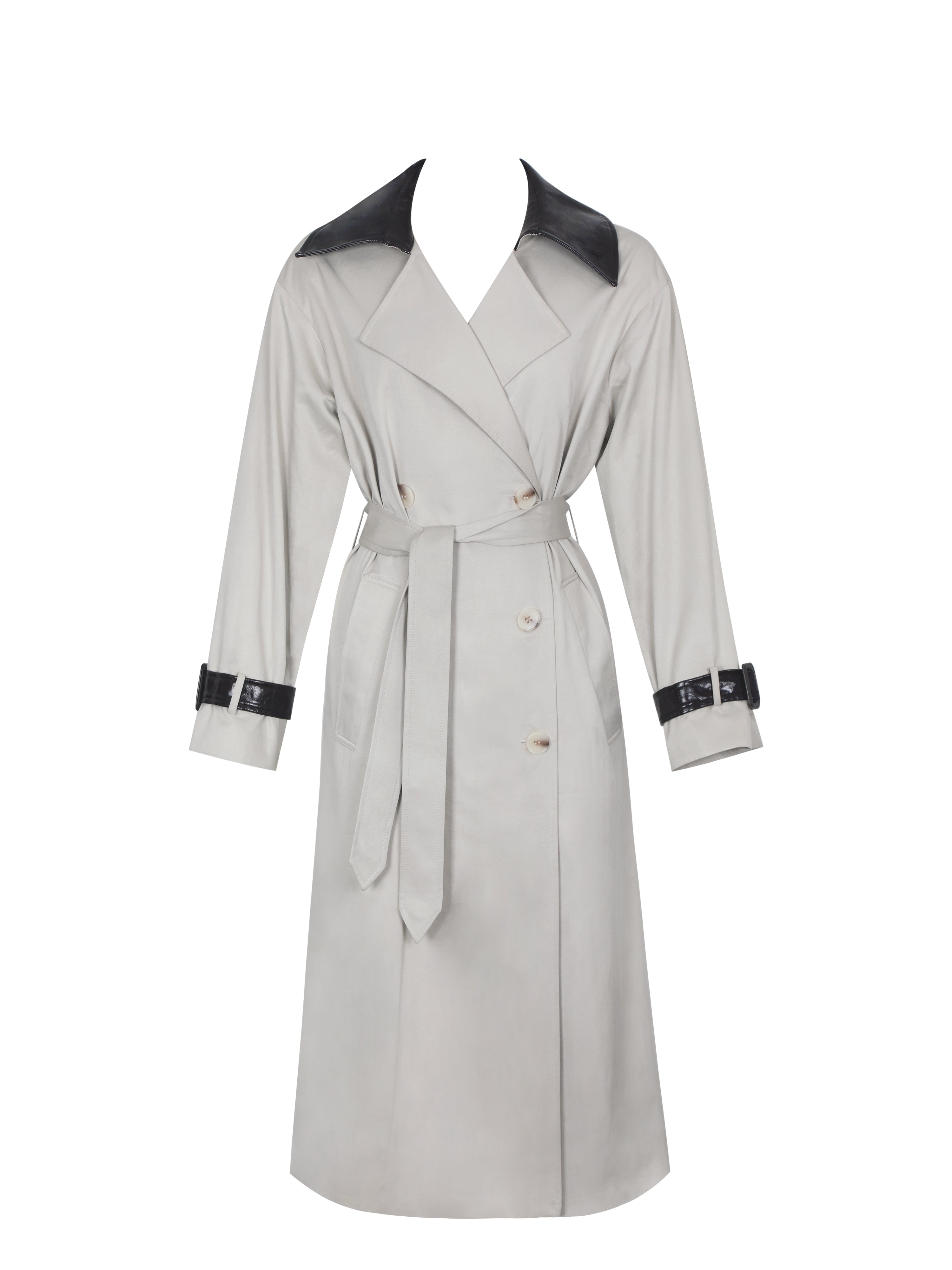 Umber Oyster Double-Breasted Faux Leather Lapel Trench Coat