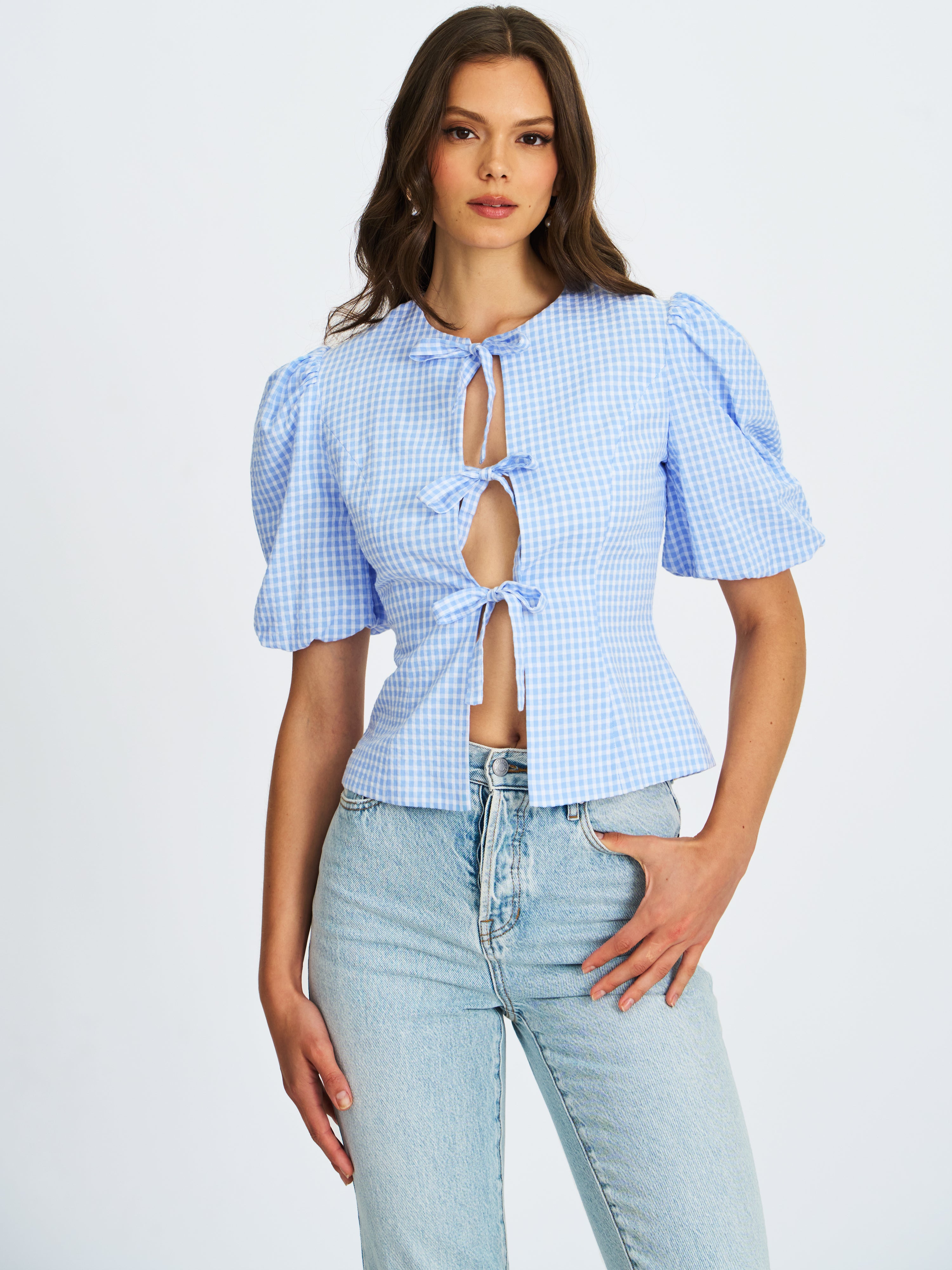 Qusayla Baby Blue Gingham Bubble Sleeve Bowtie Top