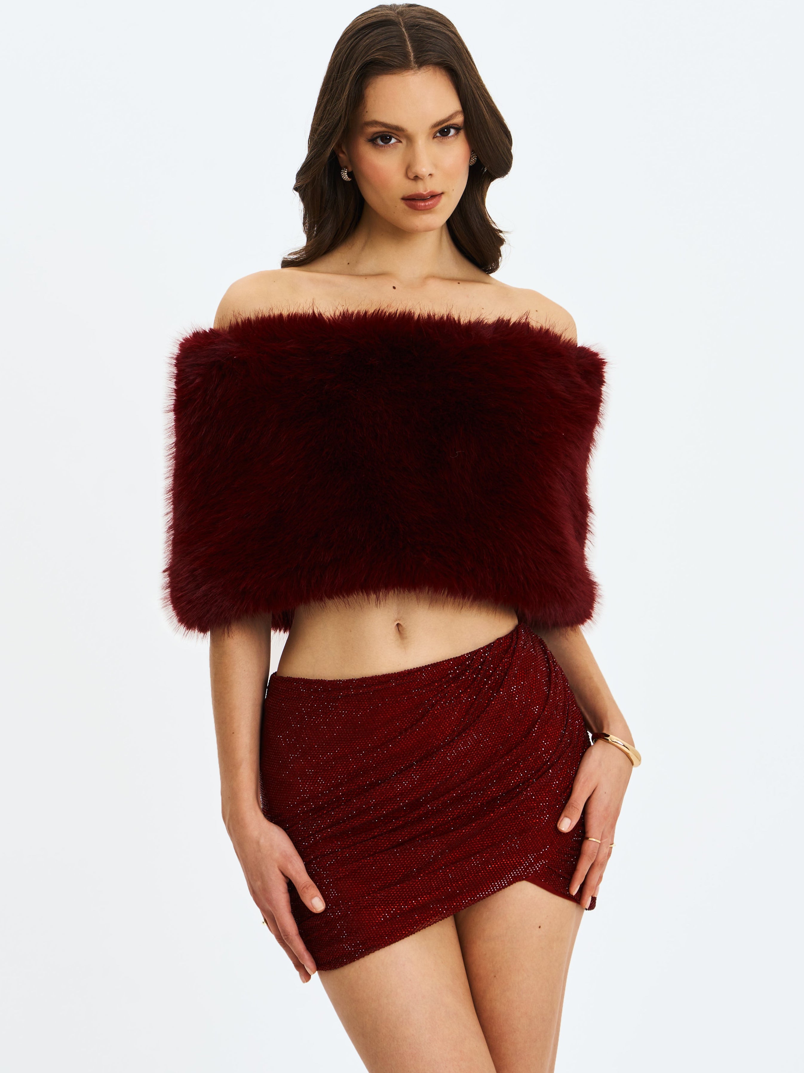 Darla Burgundy Faux Fur Off-Shoulder Cropped Top