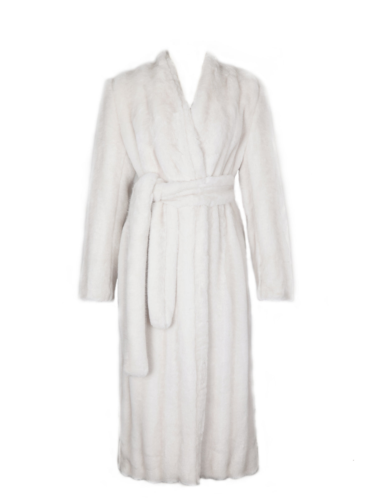 Celine Soft White Faux Mink Belted Longline Coat