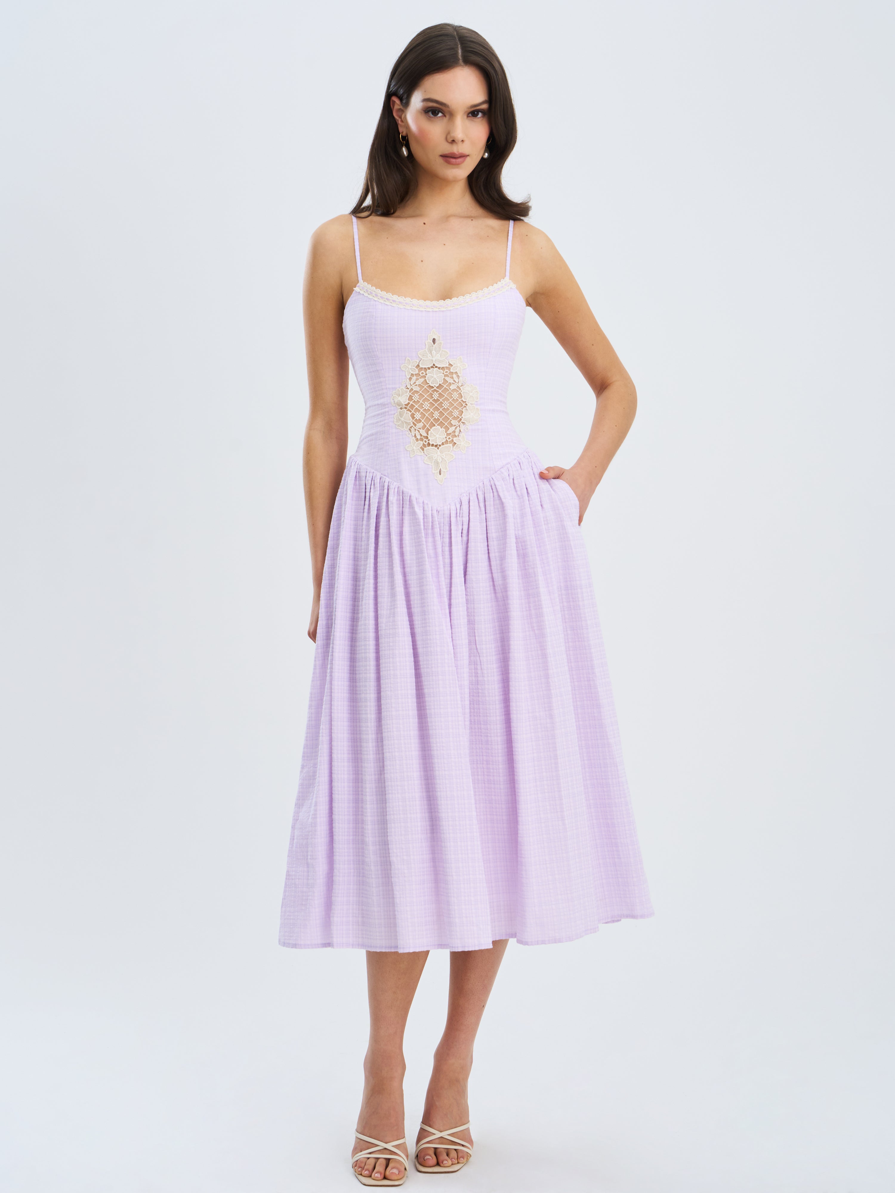 Jaclyn Lavender Lace Trim Cutout Seersucker Midi Dress
