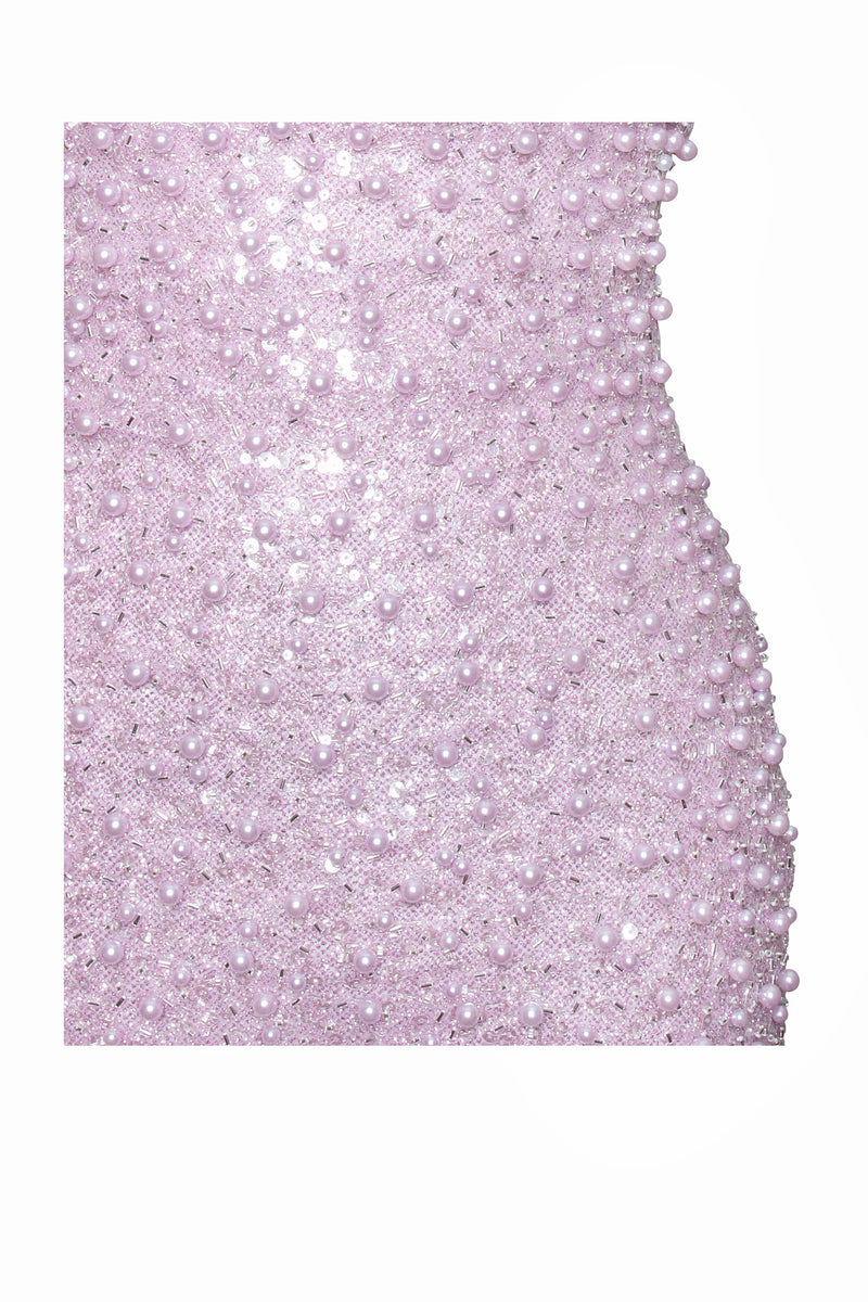 Lainey Purple Satin Sequin Pearls Beaded Maxi Dress