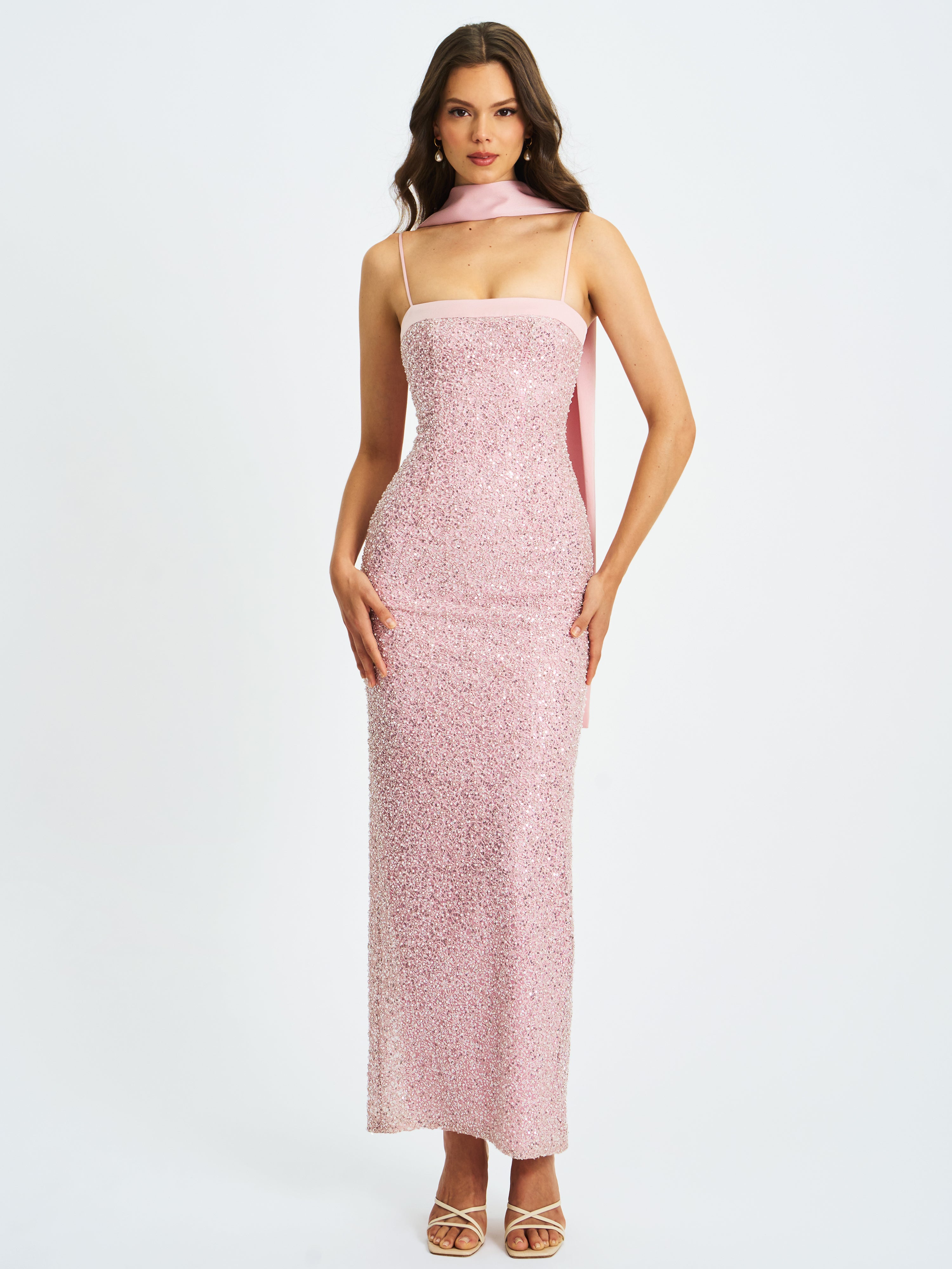 Raizel Pink Beaded Sequin Bodycon Gown with Scarf