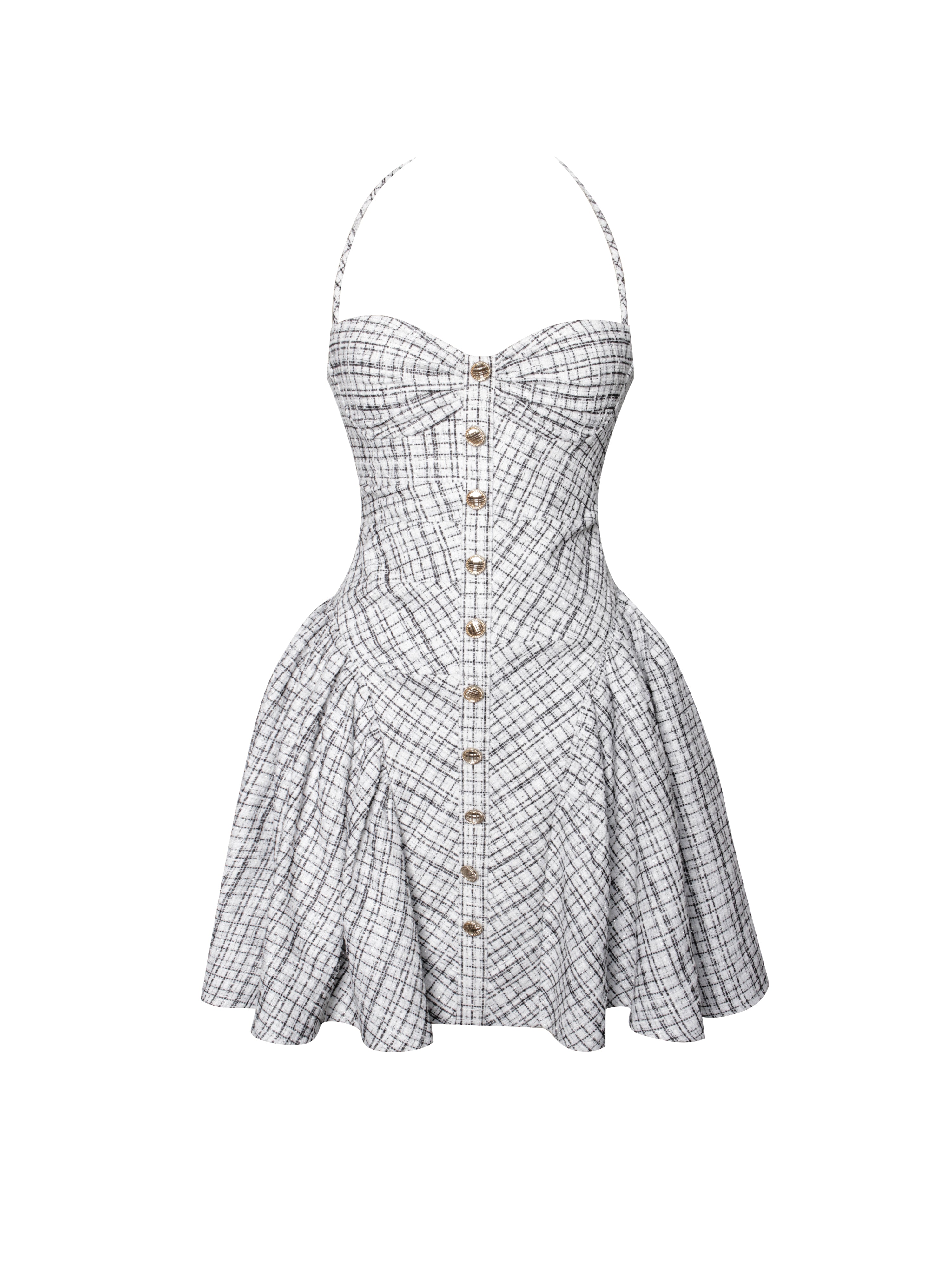 Melody Black and White Plaid Tweed Halter Drop Waist Mini Dress