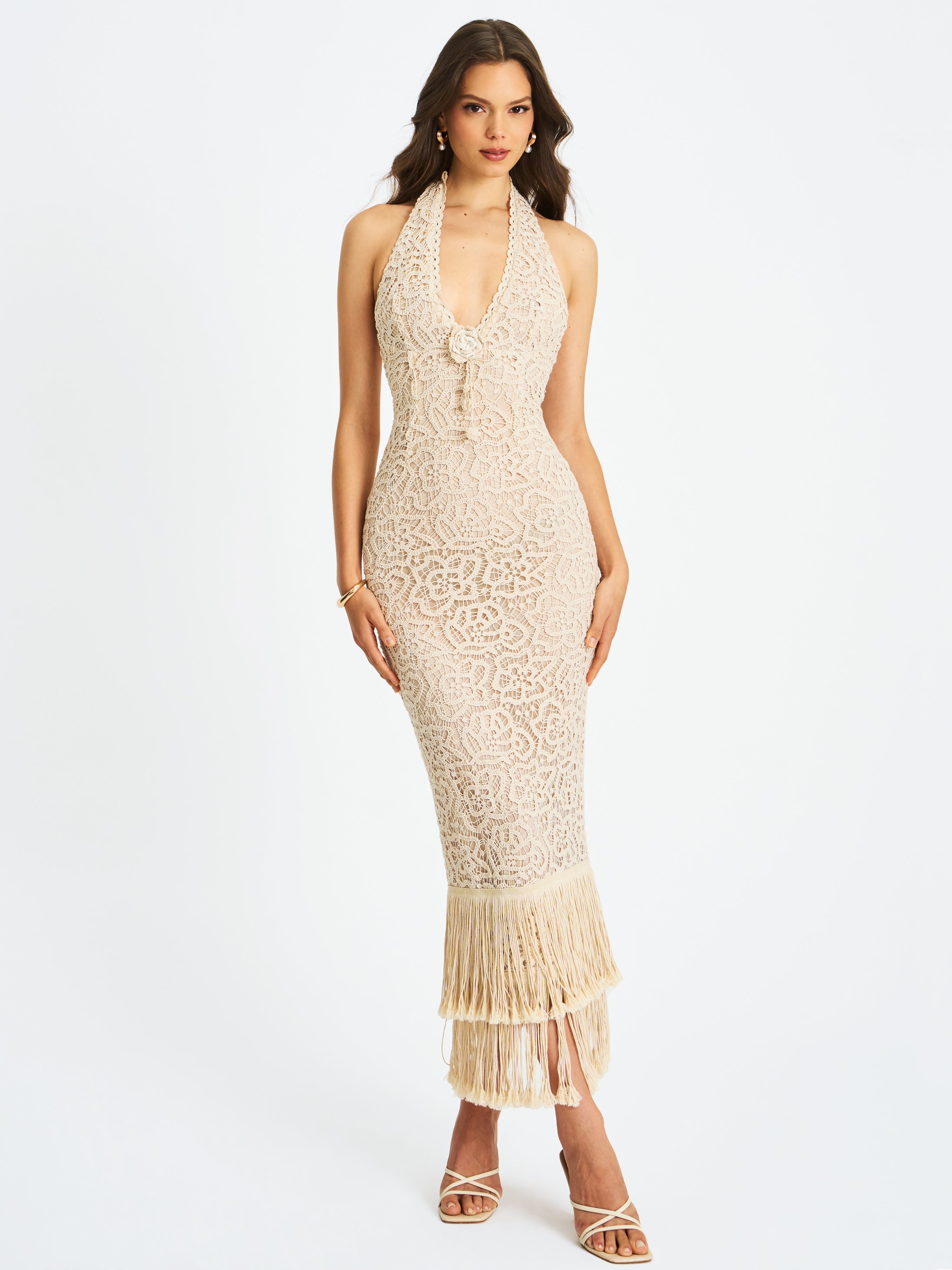 Faelyn Off-White Double Fringe Crochet Halter Maxi Dress