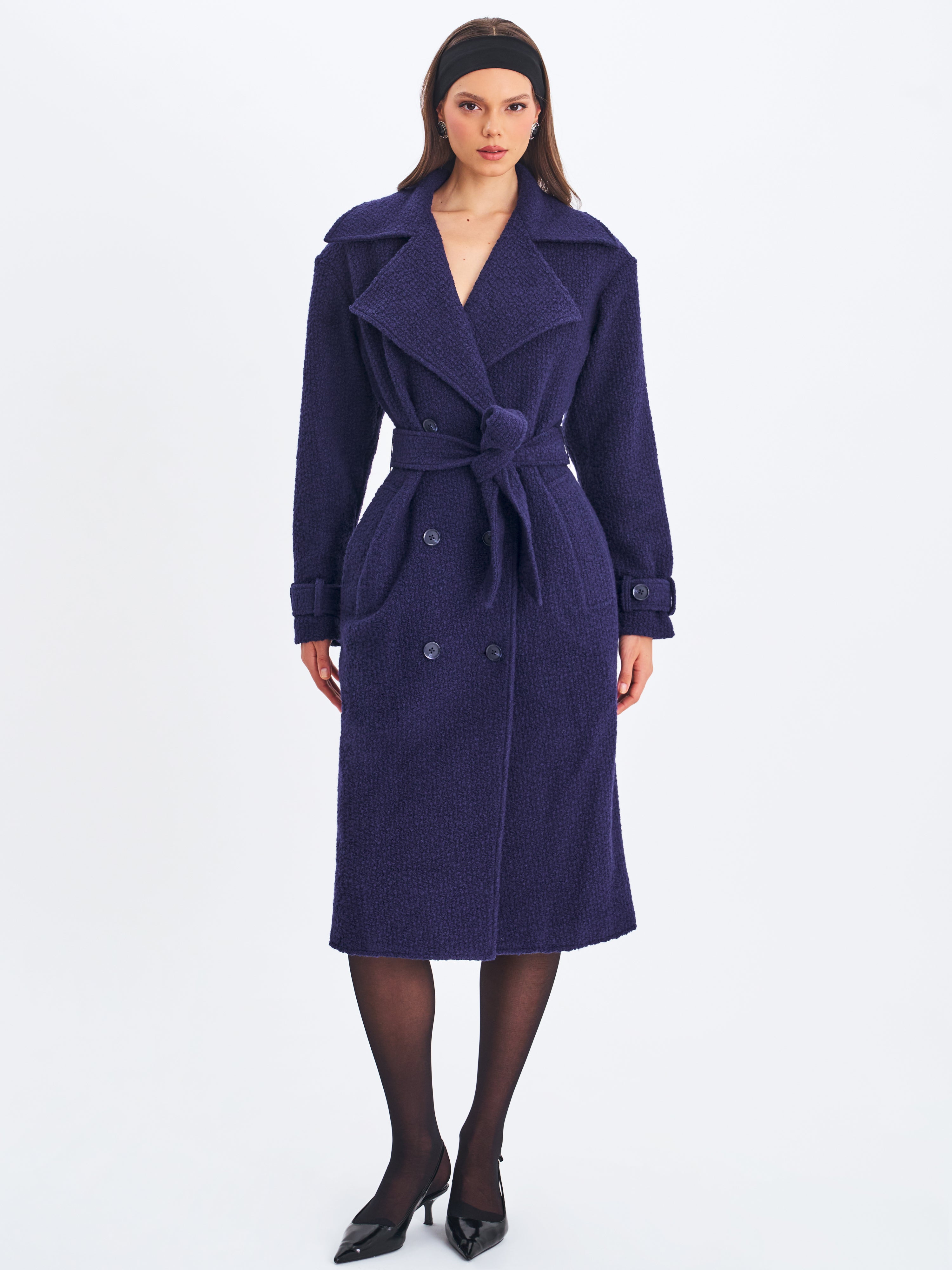 Jaelyn Midnight Blue Wool Blend Double-Breasted Belted Coat