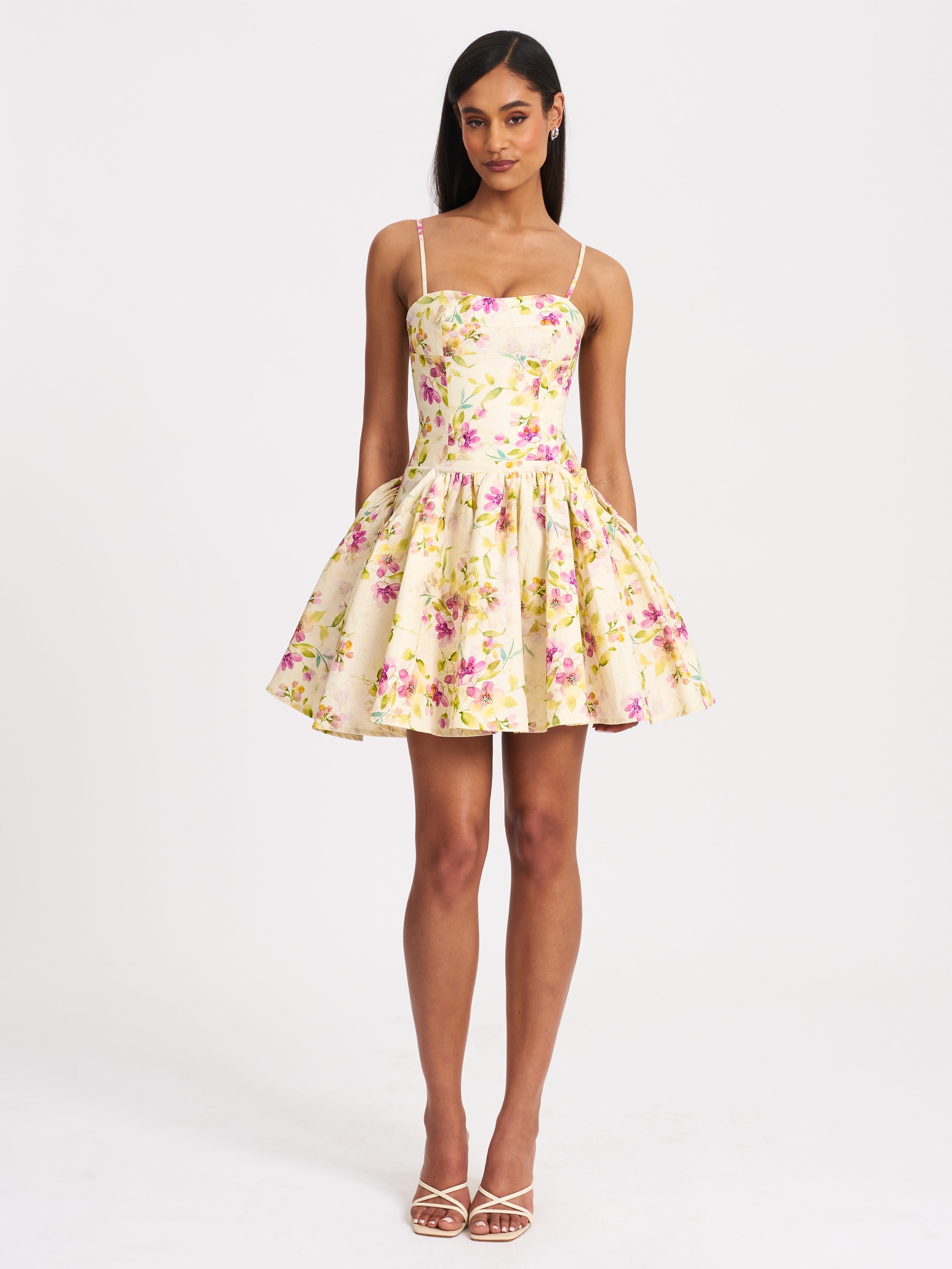 Valda Yellow and Pink Print Linen Mini Dress with Pockets