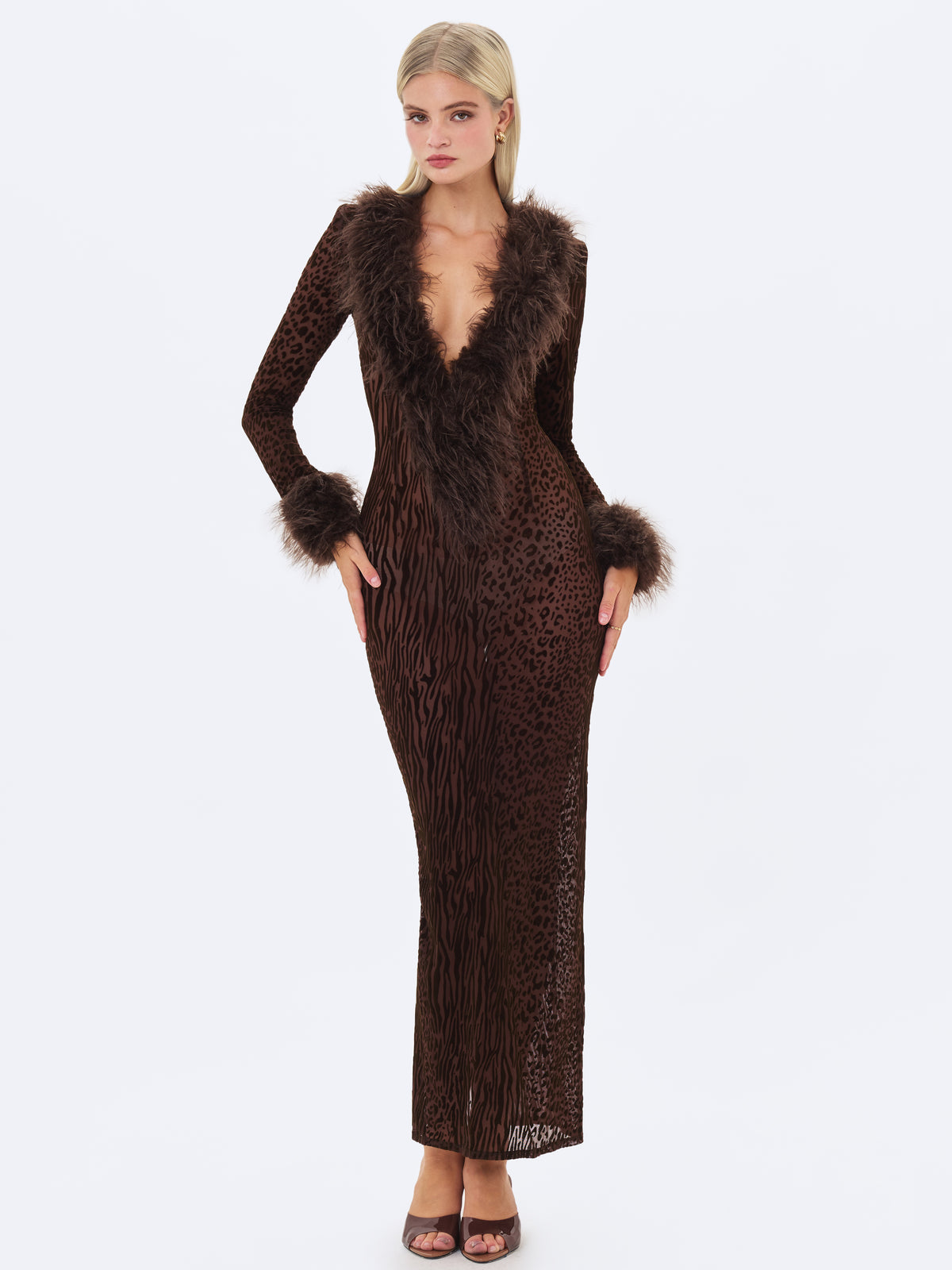 Luana Brown Plunging Fur Trimmed Burnout Mesh Maxi Dress
