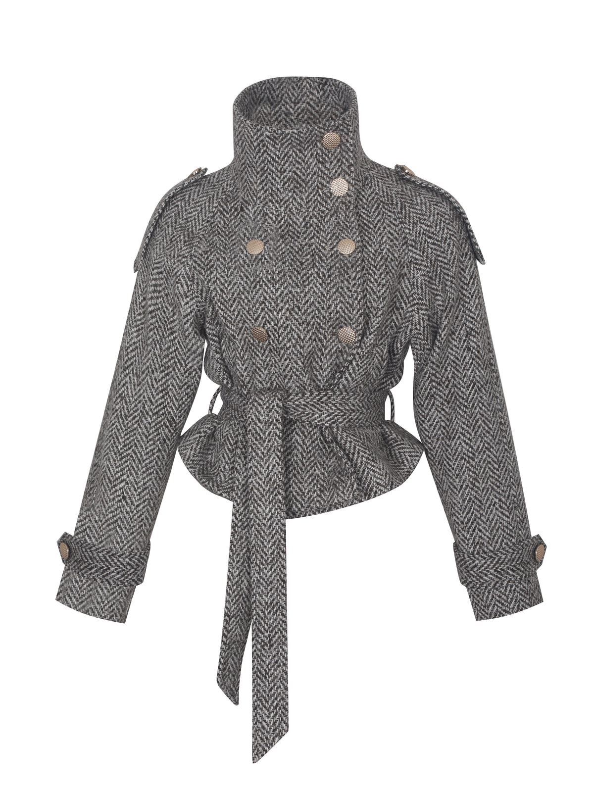 Sadie Brown & White Herringbone High Collar Belted Mini Jacket