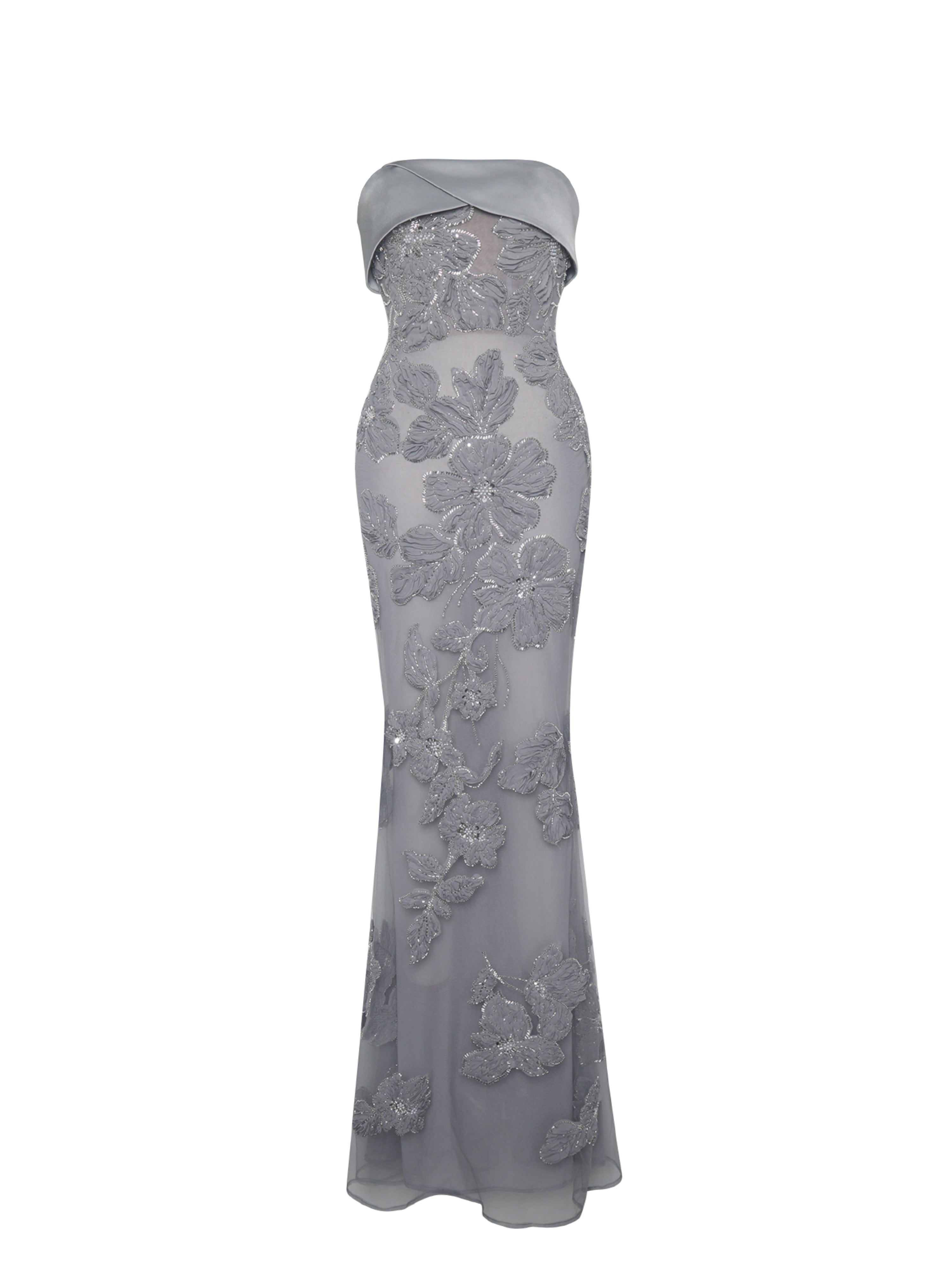 Raphaela Silver Beaded Floral Strapless Mermaid Maxi Dress