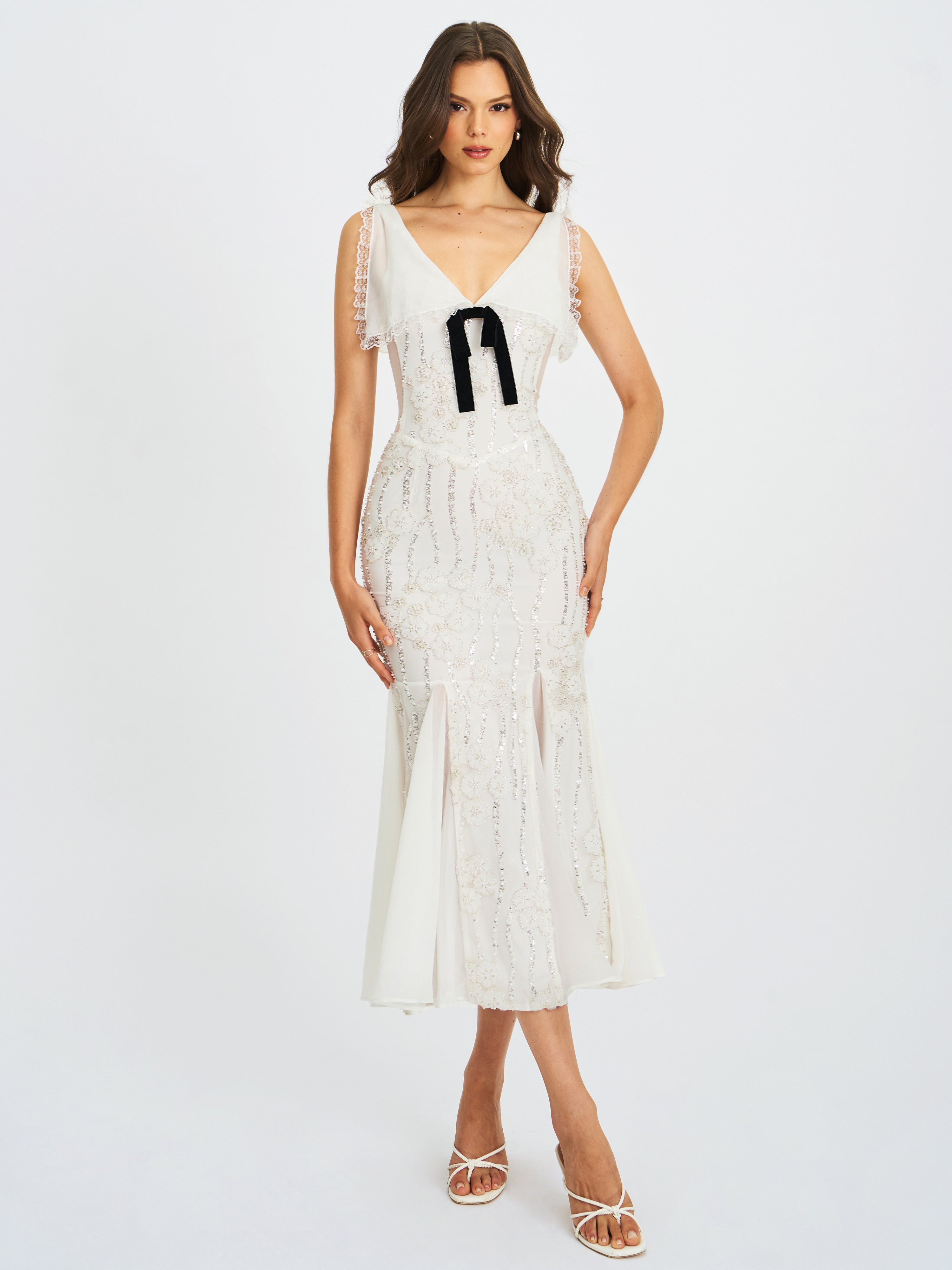 Paola White Peter Pan Collar Beaded Sequin Mermaid Midi Dress