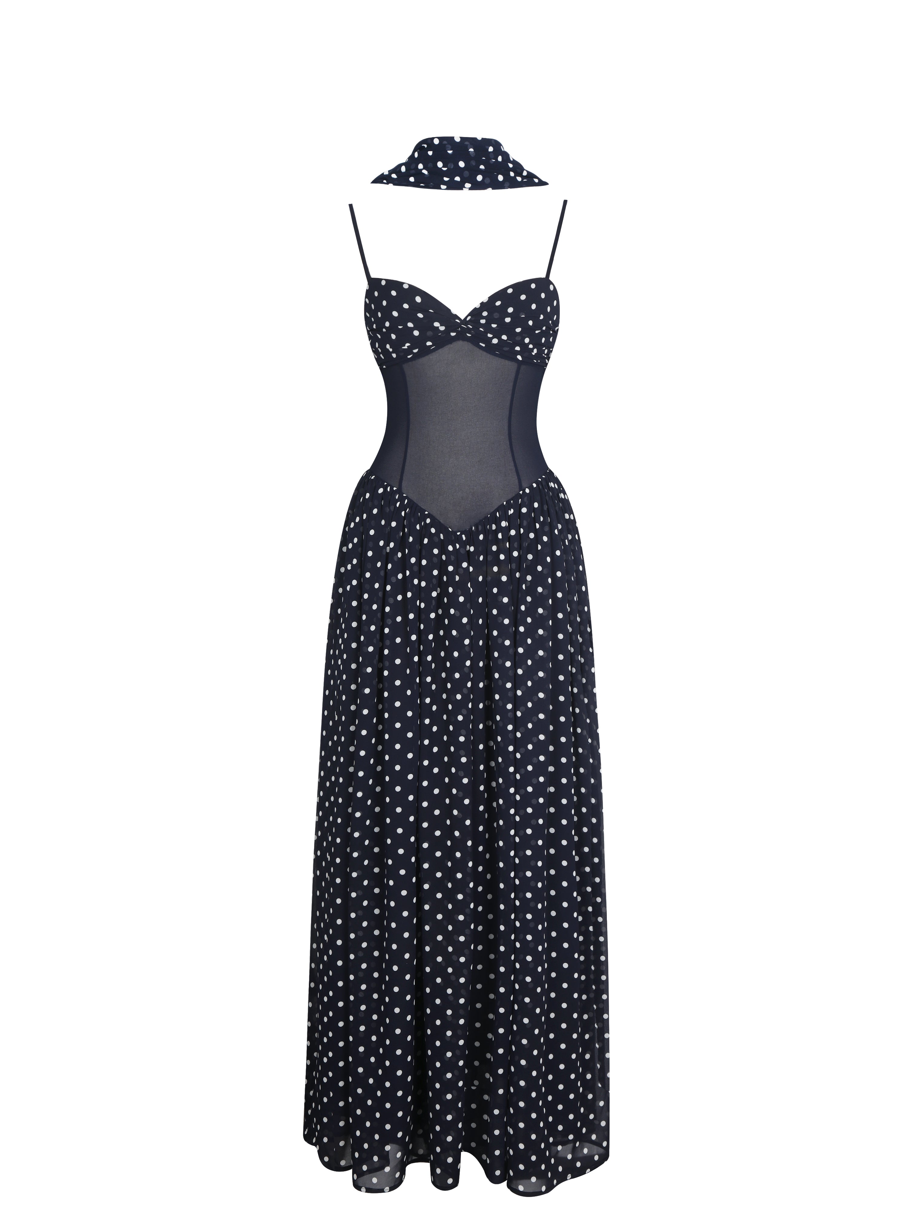Juliette Navy Blue Polka Dot Chiffon Maxi Dress