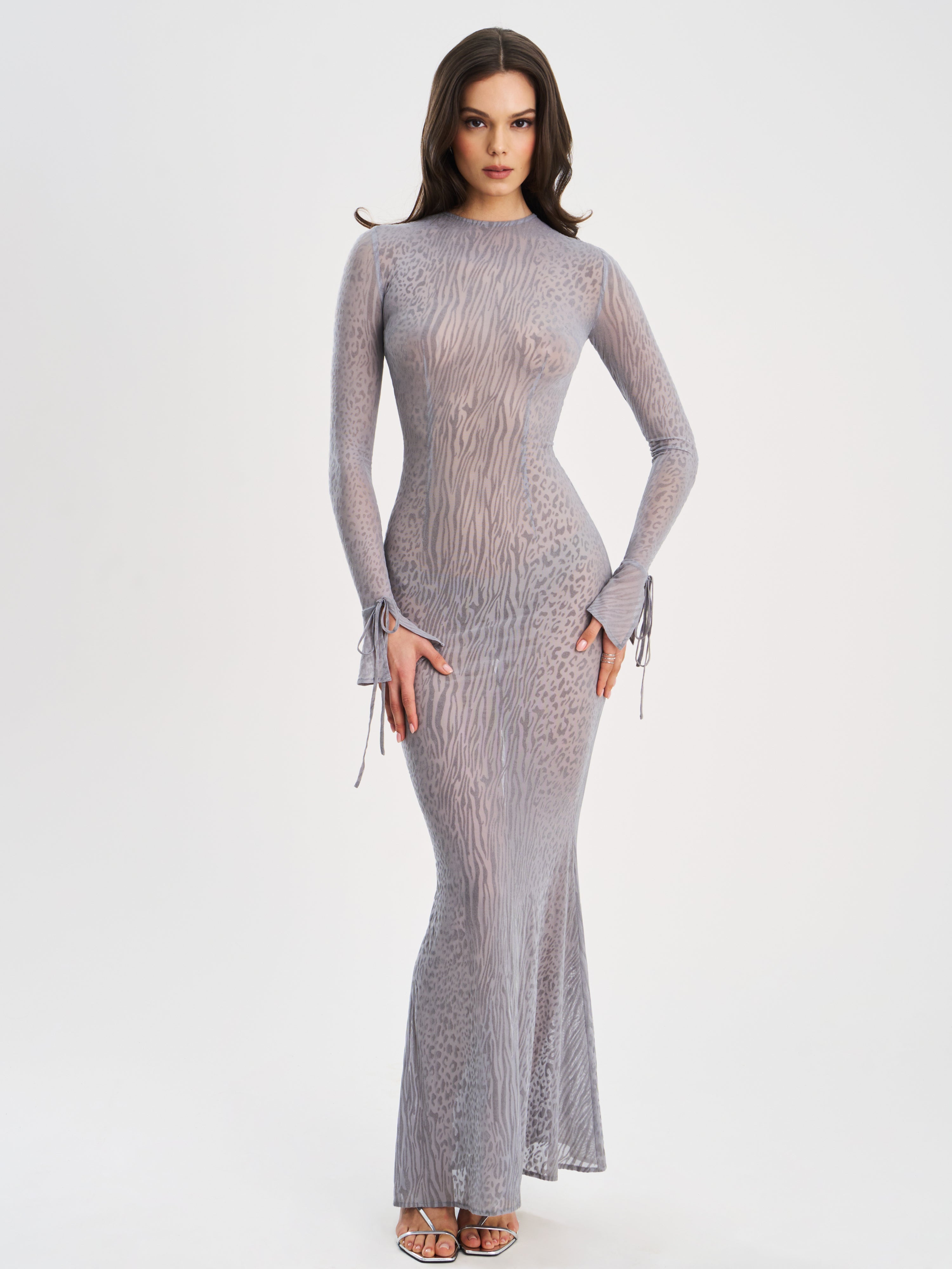 Waylynn Gray Animal Print Burnout Velvet Detail Mesh Backless Maxi Dress