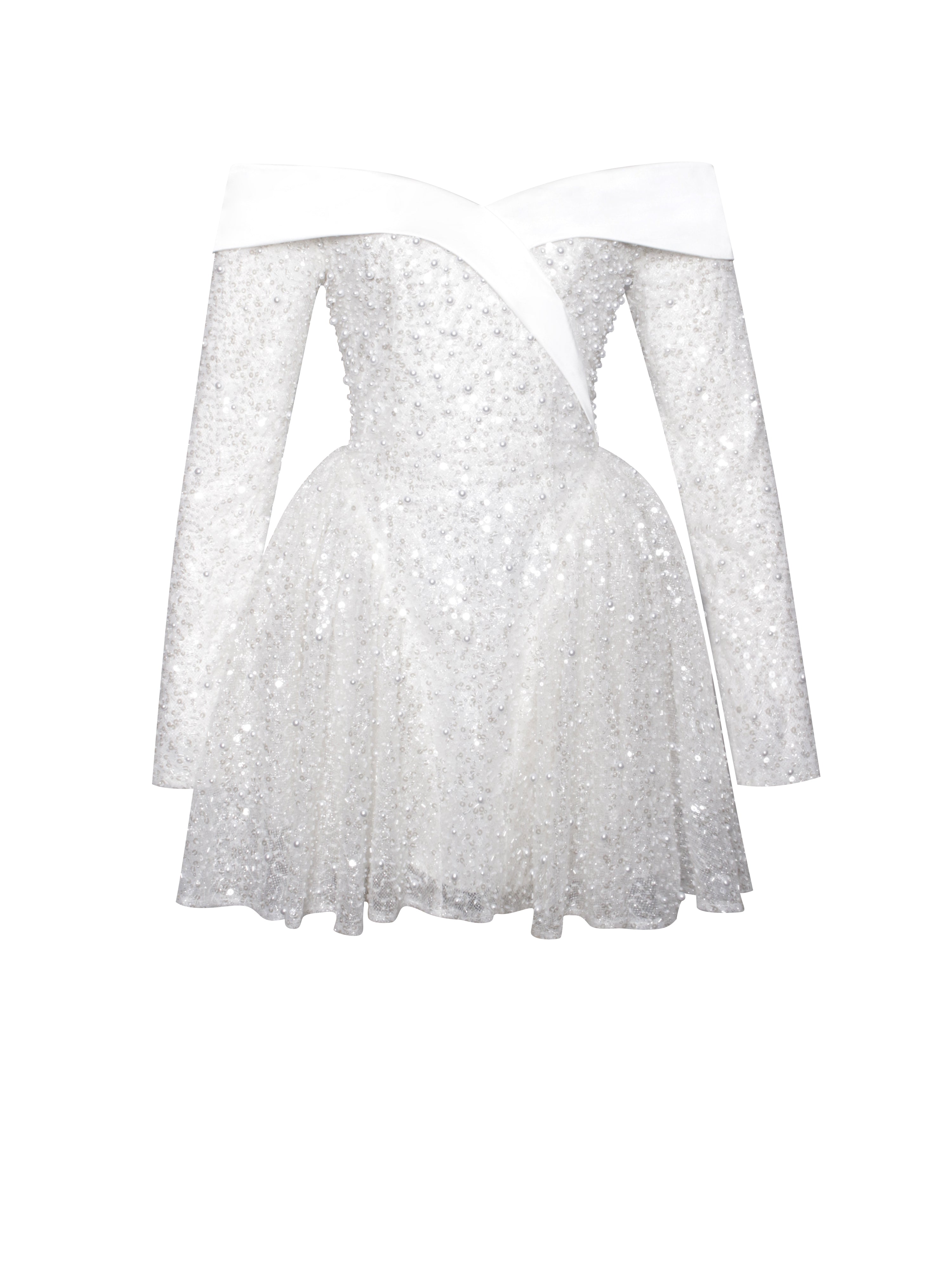 Kira Bead Embroidered Mesh Off Shoulder Long Sleeve Mini Dress