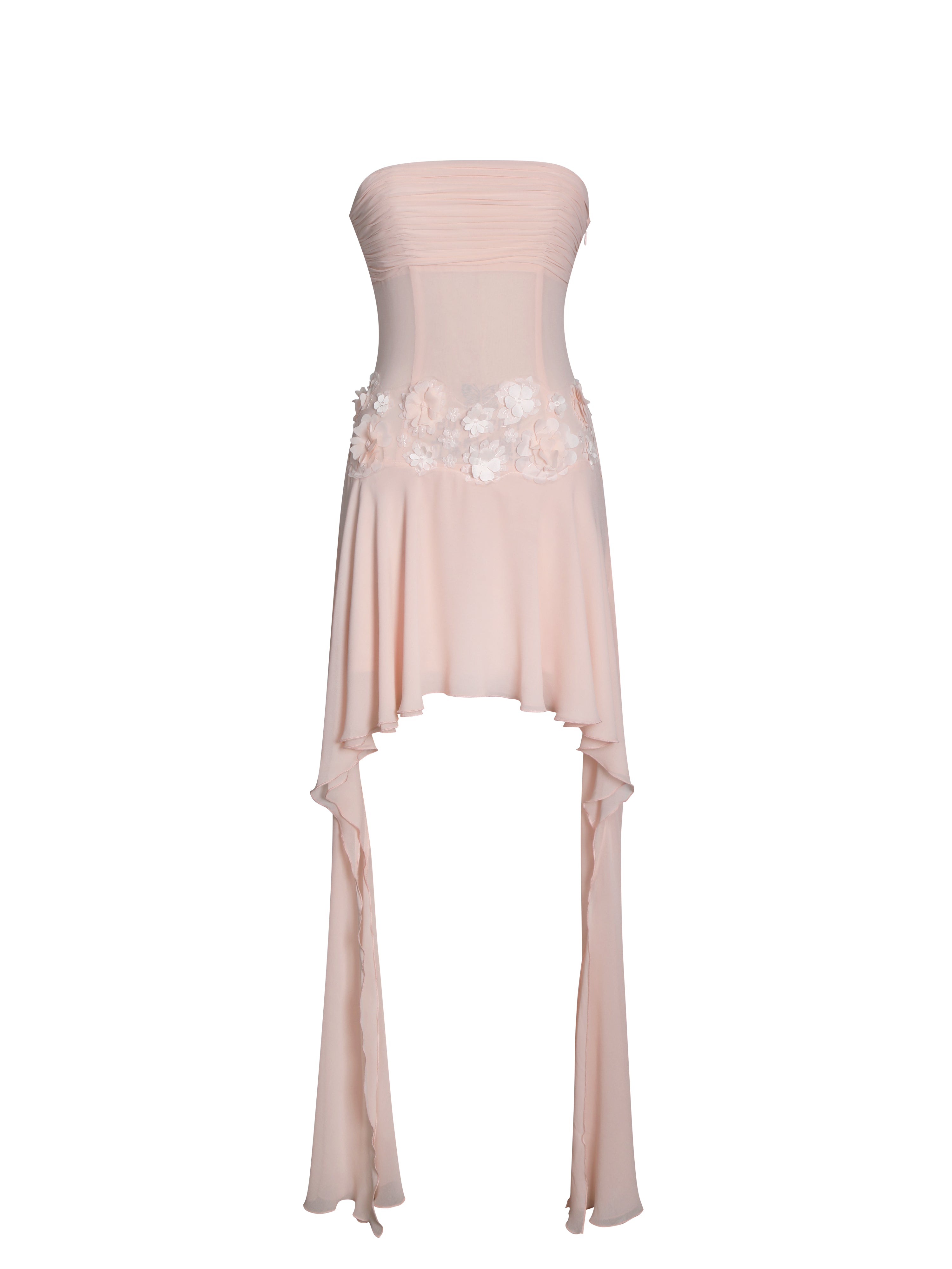 Mae Pink Ruched Breast Appliqué Trim Trailing Dress