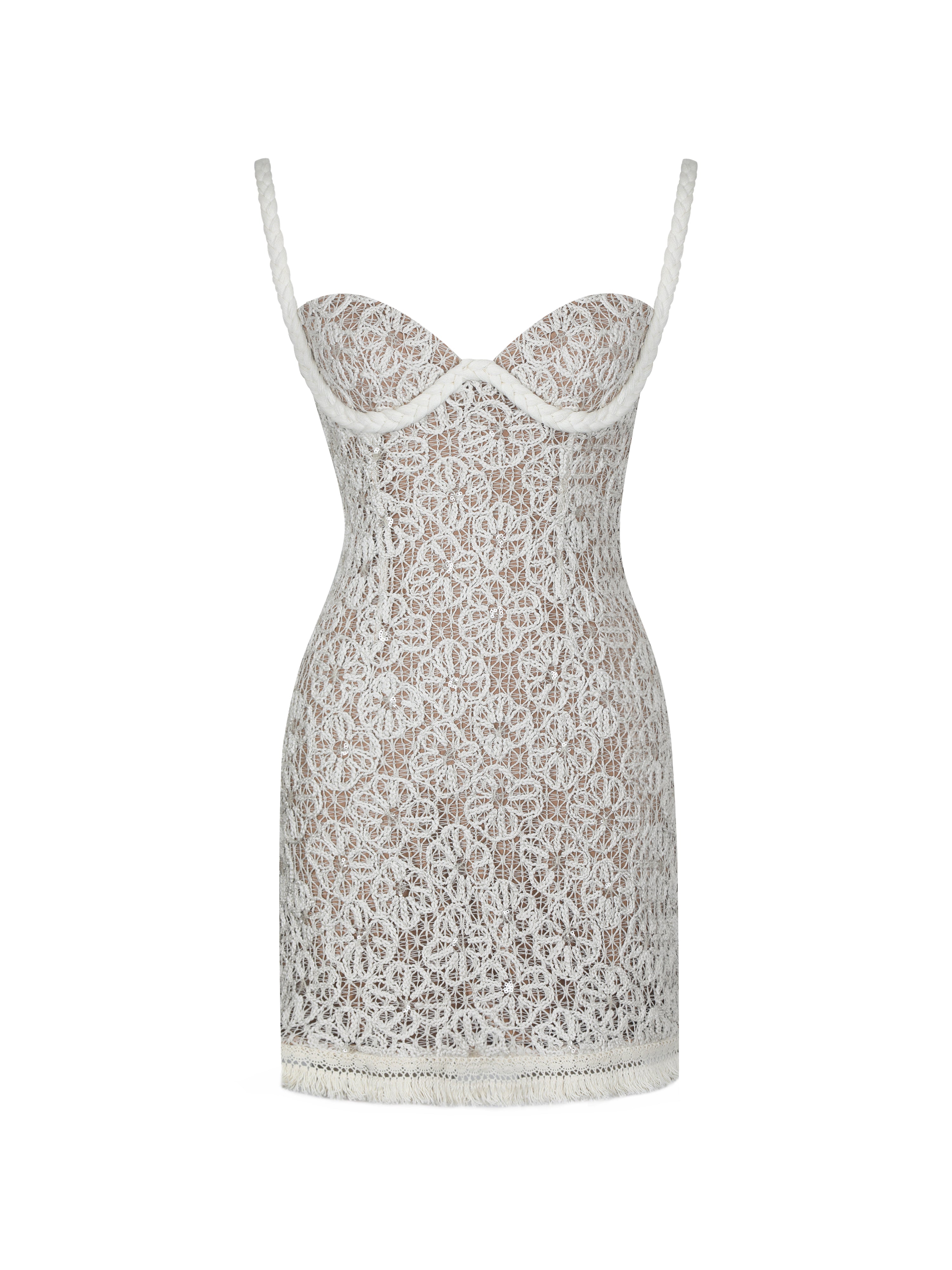 Taliyah Cream Braided-Strap Chunky Lace Mini Dress