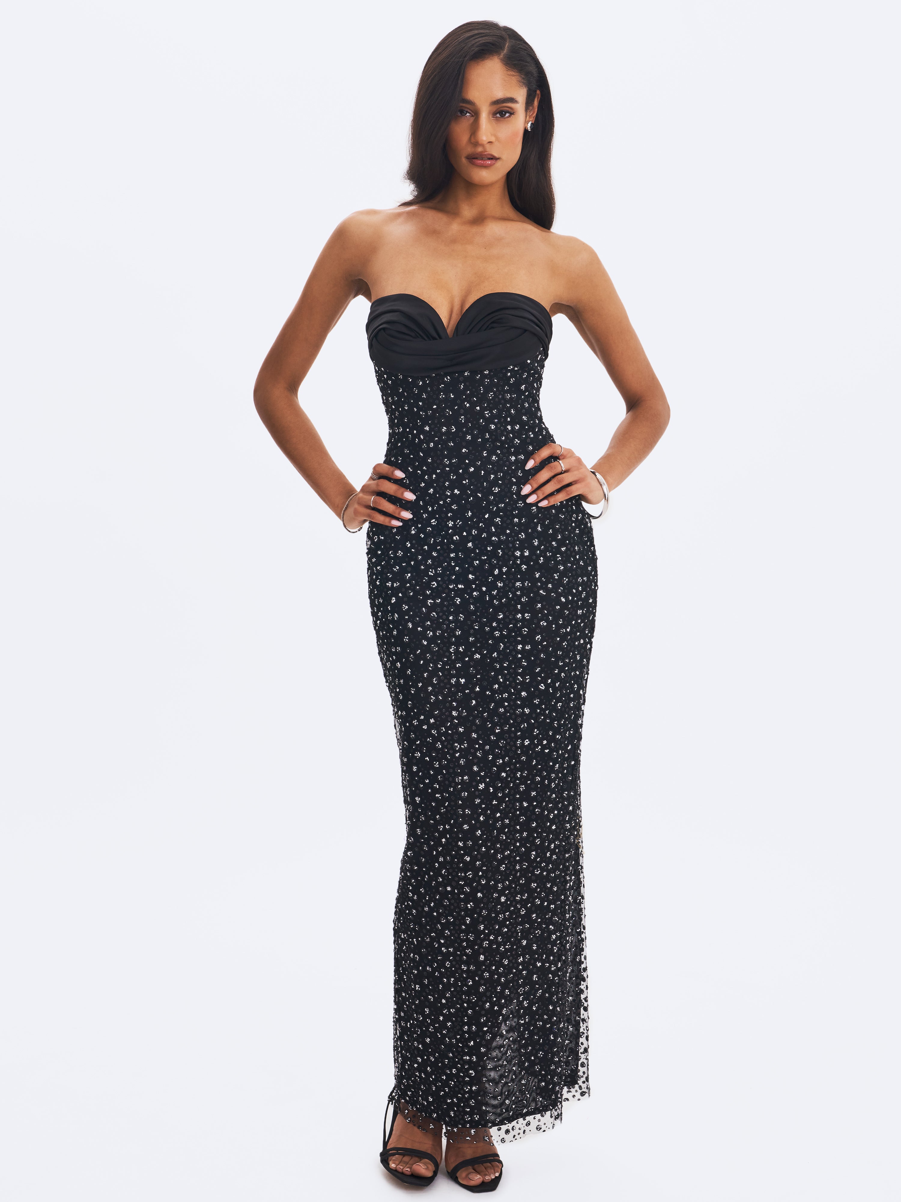 Preslie Black Satin & Crystal Mesh Sheath Maxi Dress