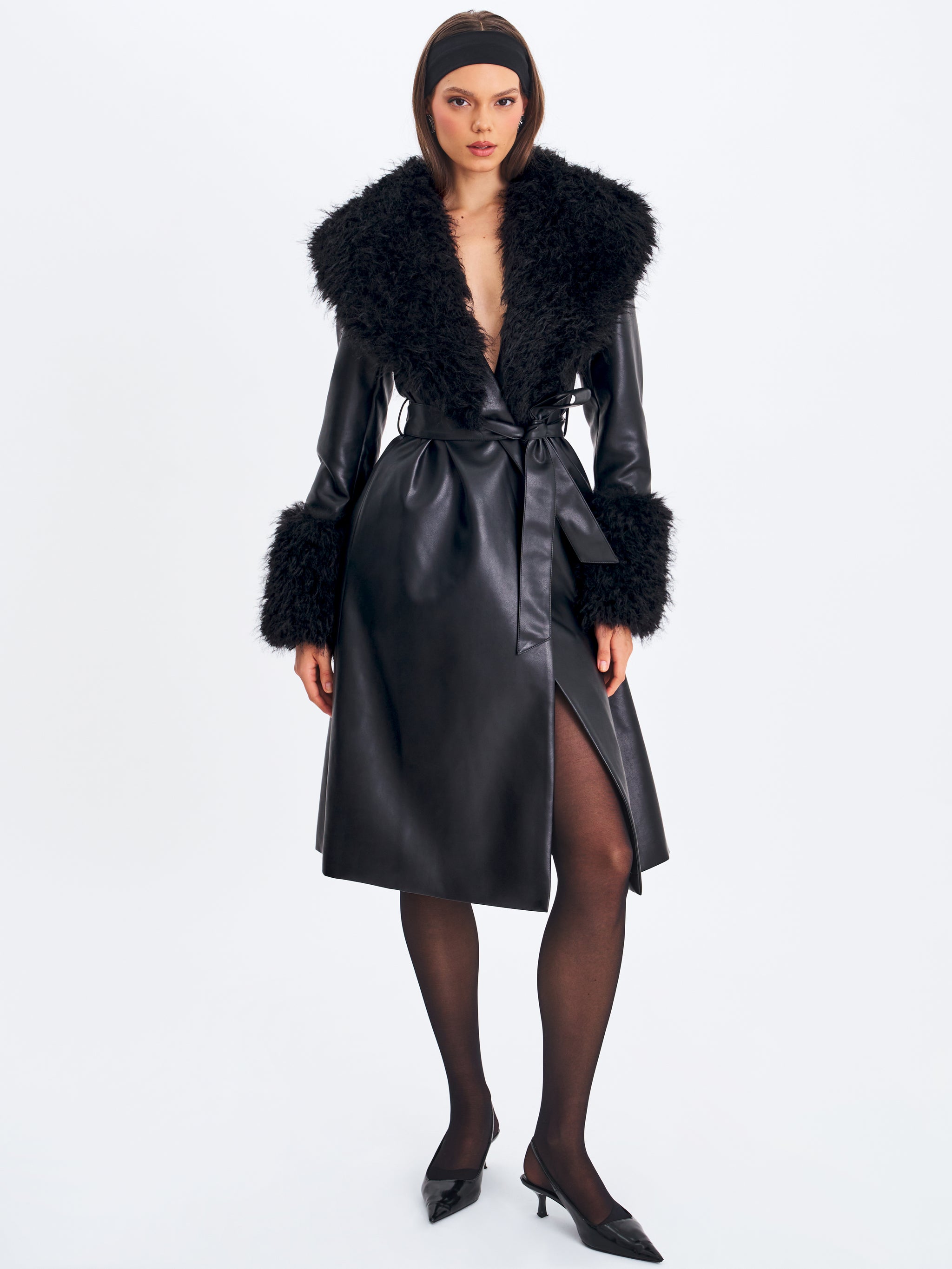 black fur dress coat Miss Circle Zariah Faux Trimmed Longline L Color:As The Pictures Premium Draped Asymmetrical Velvet Mermaid Expertly handcrafted from premium