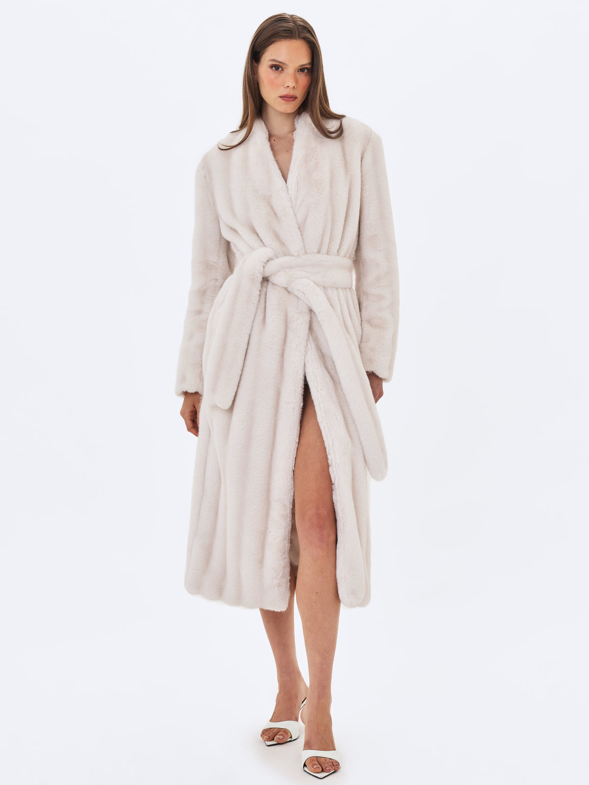 Celine Soft White Faux Mink Belted Longline Coat