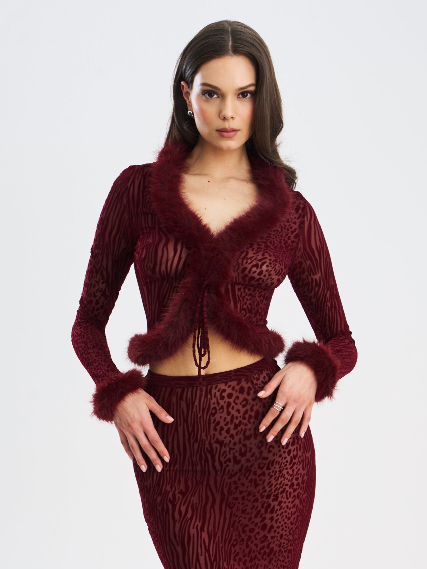 Hali Burgundy Animal Print Burnout Velvet Fur Trim Top