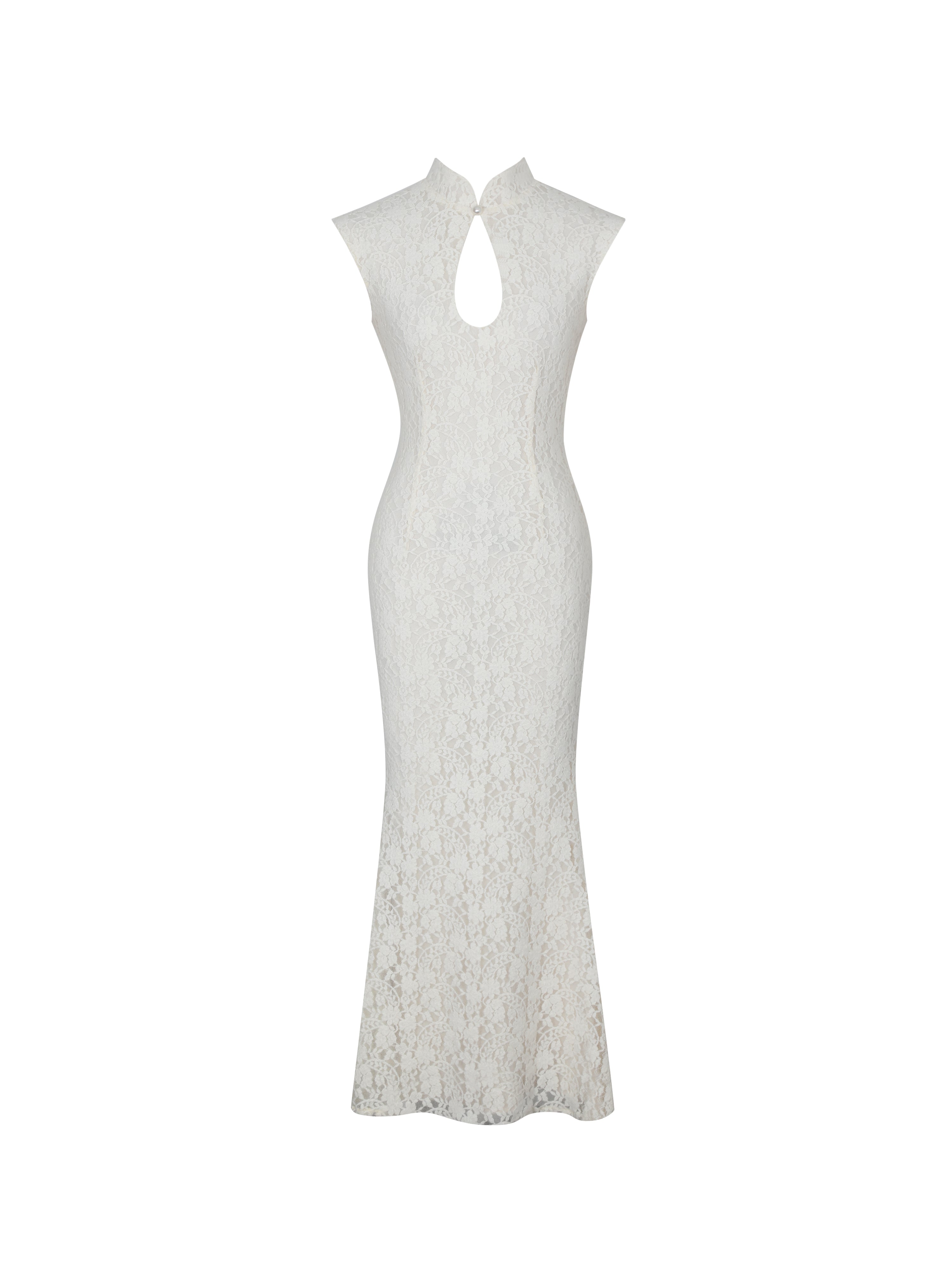 Garcelle Cream Brushed Lace Keyhole Mermaid Midi Dress