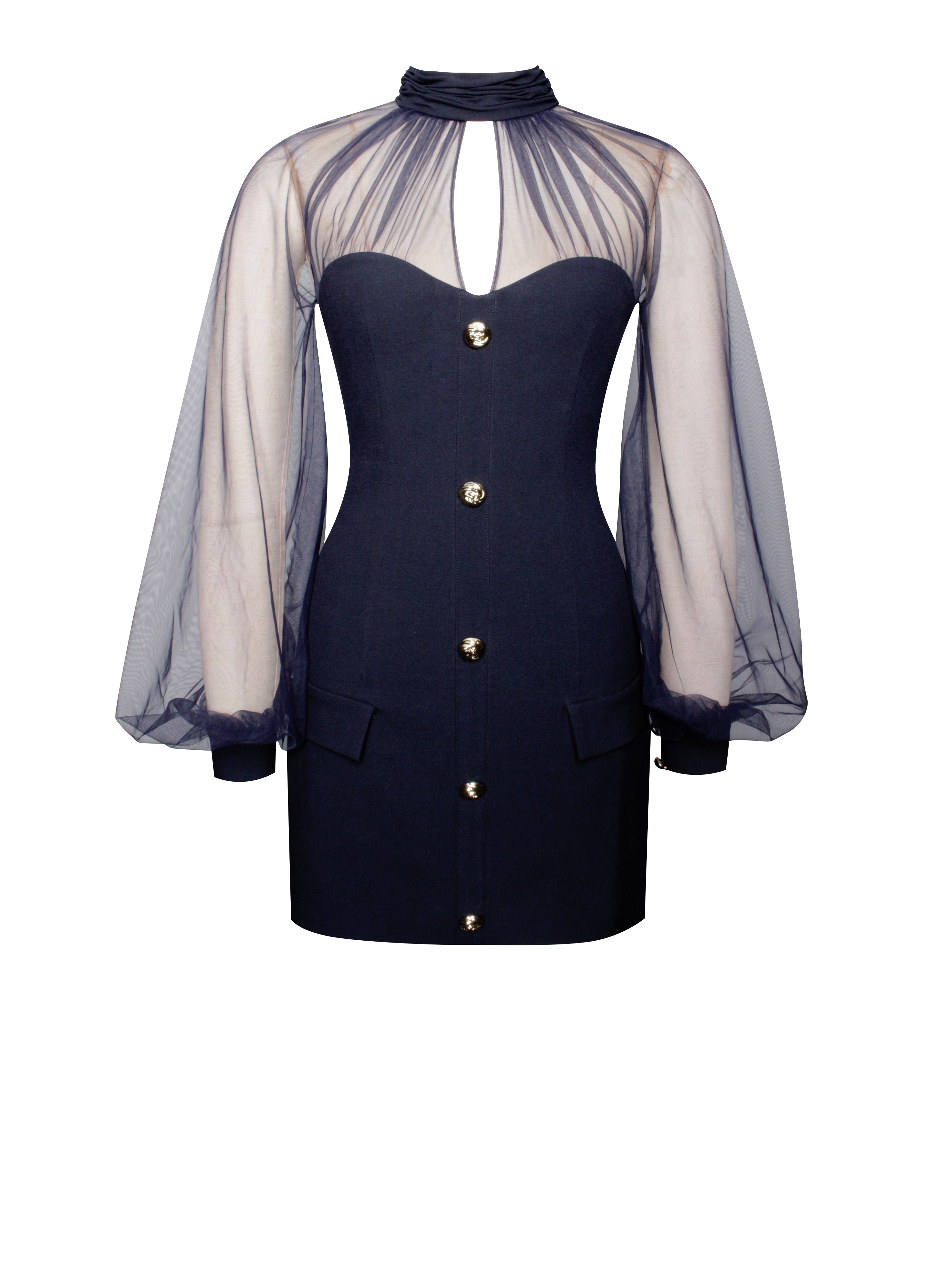 Tabitha Navy Blue Mesh Lantern Sleeve Mini Dress (Archive Sale)