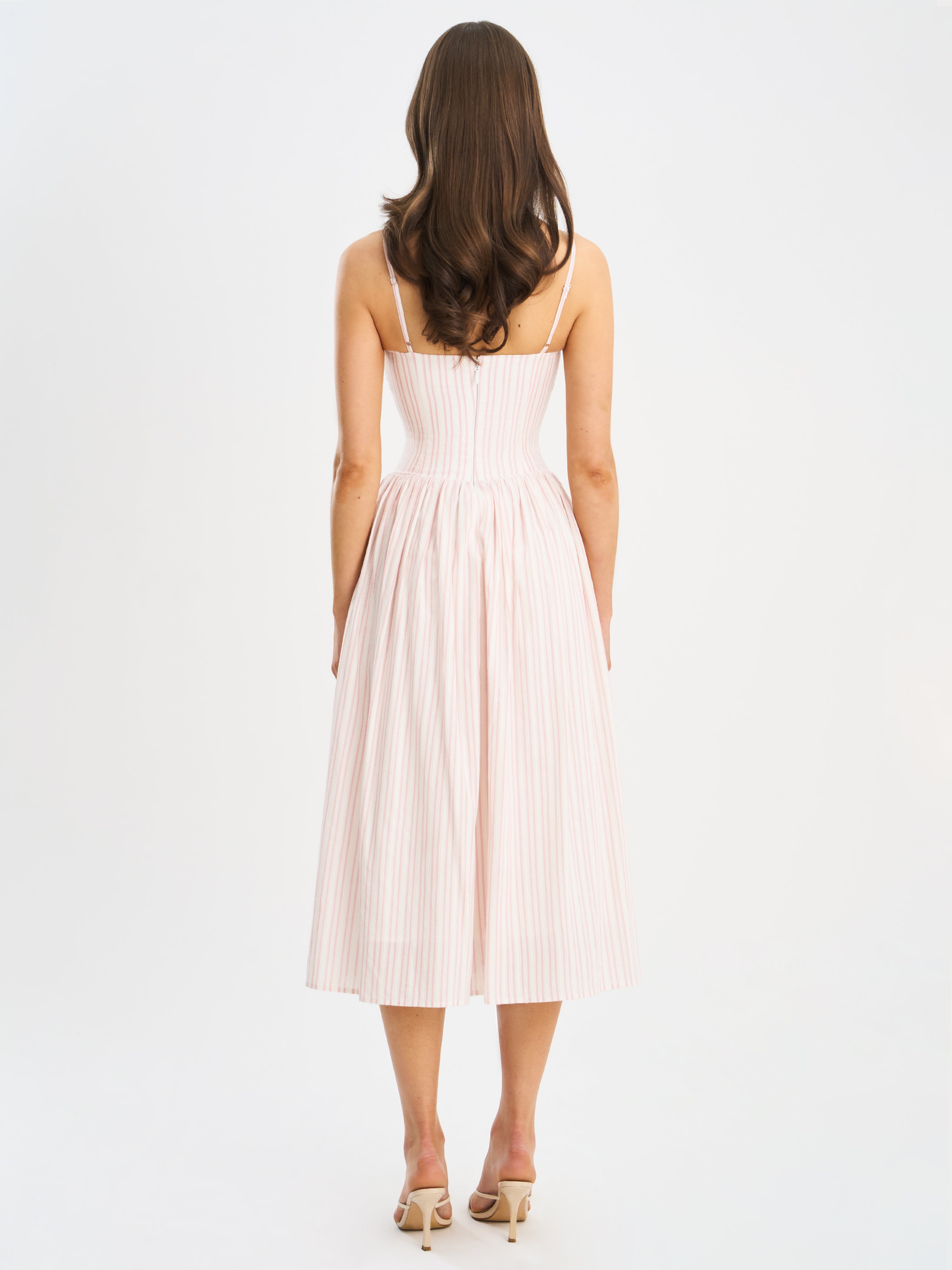 Zania Pink Stripe Ruched Breast Cotton Jacquard Midi Dress