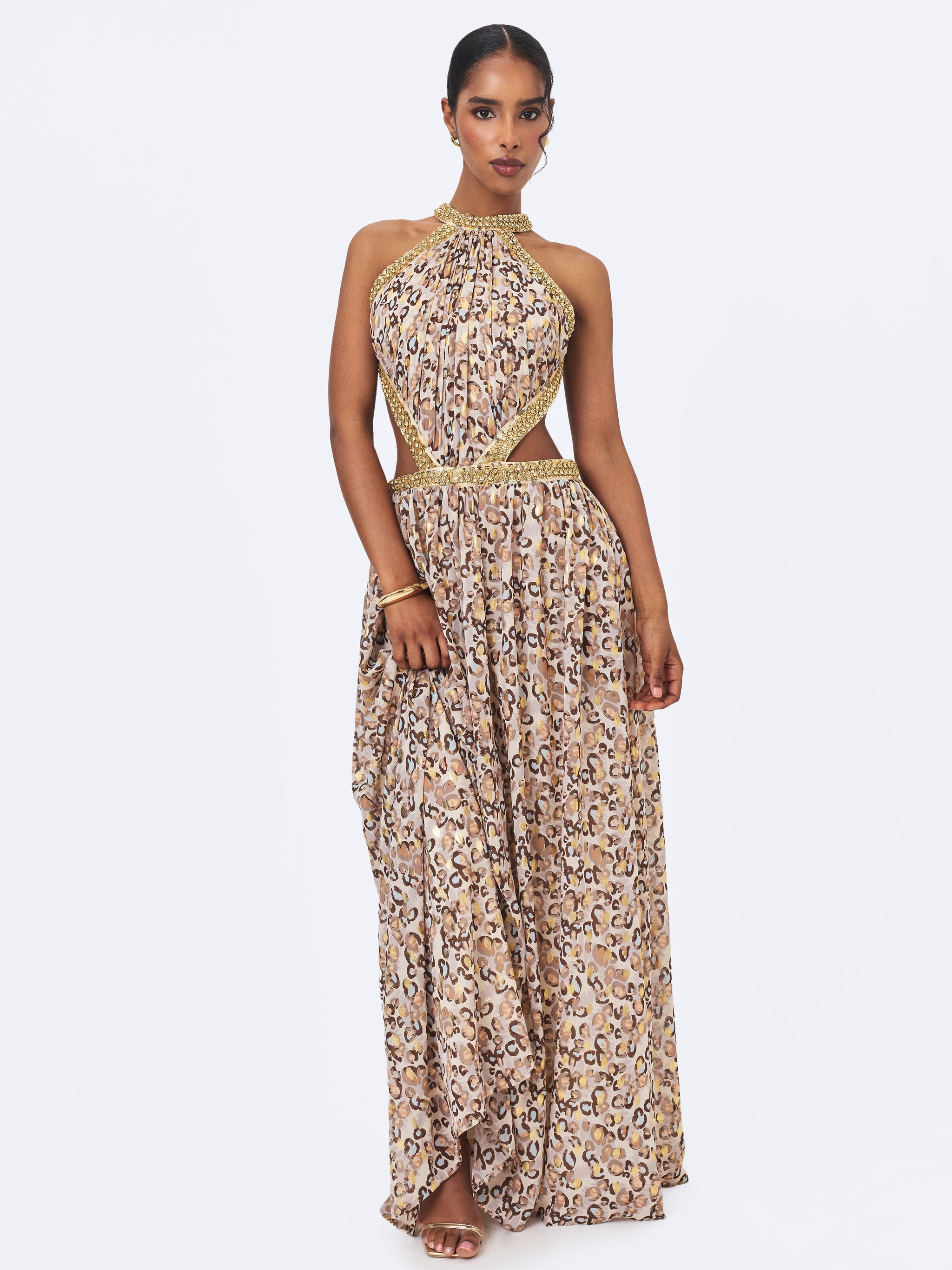 Quinnlyn Beige Cheetah Print Chiffon Halter Maxi Dress XXS / 0