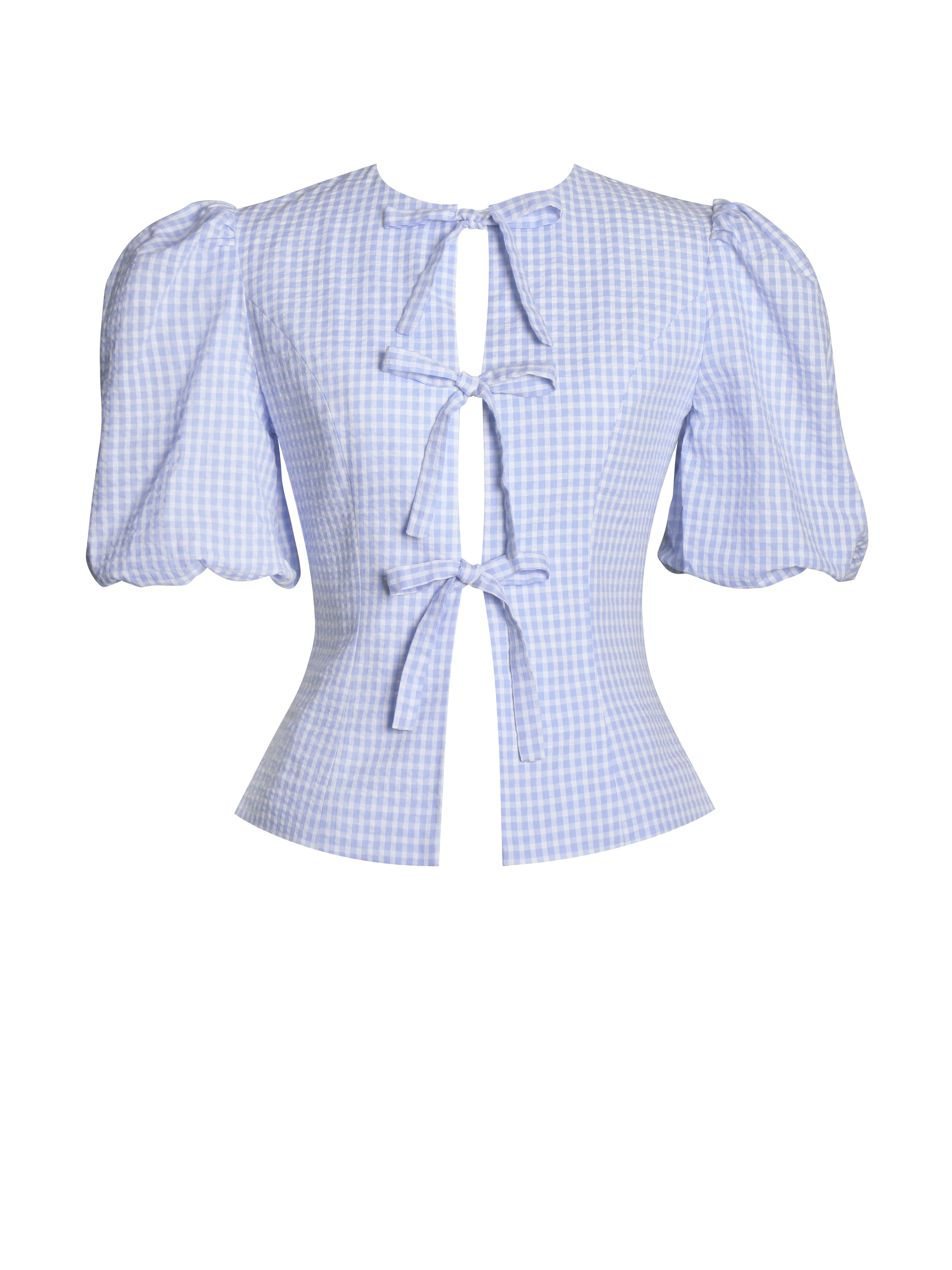 Qusayla Baby Blue Gingham Bubble Sleeve Bowtie Top