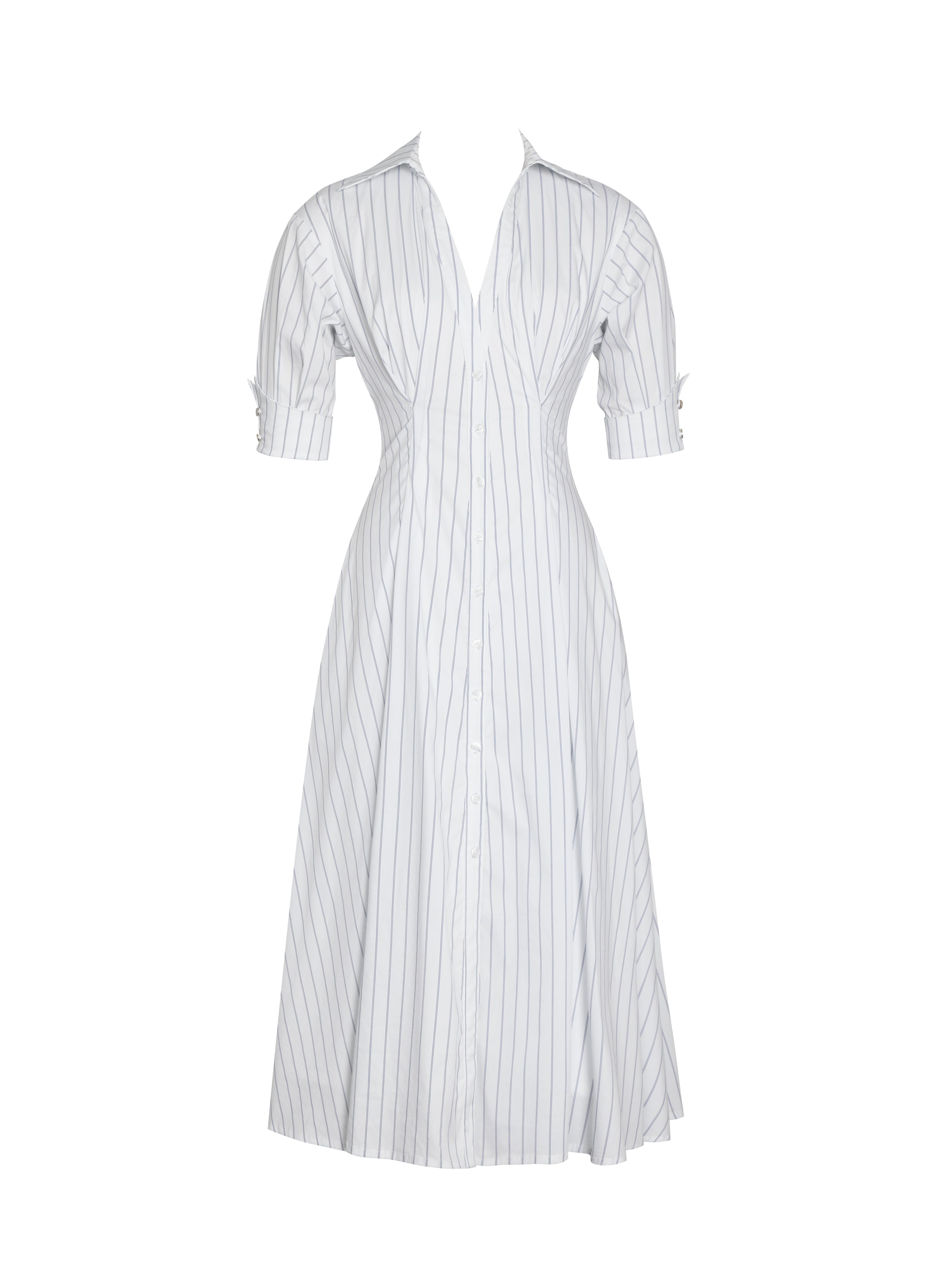 Palina Pinstripes Cotton Poplin Pleated Midi Preppy Shirt Dress