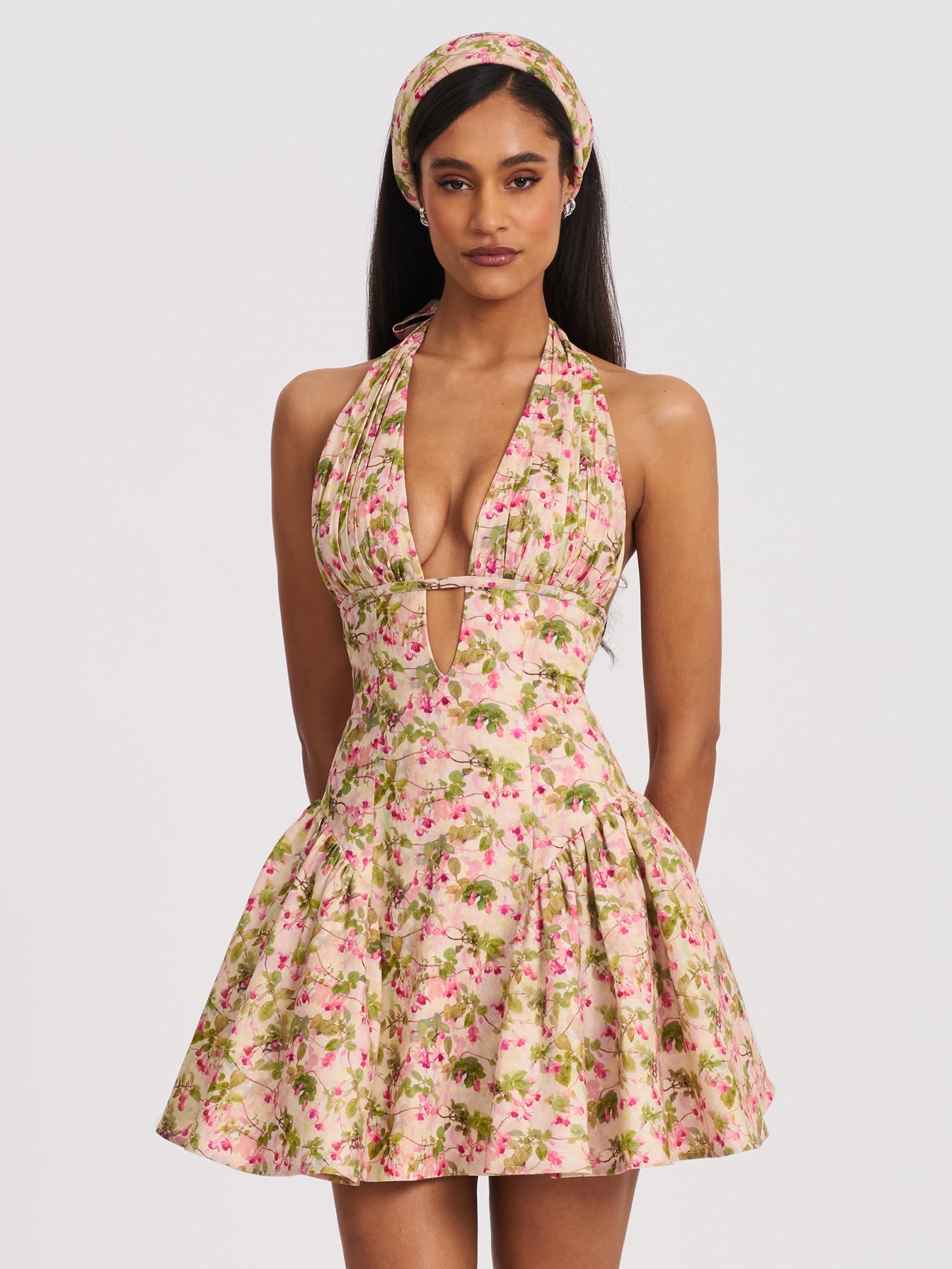 Mackenzie Green and Pink Floral Print Halter Linen Mini Dress