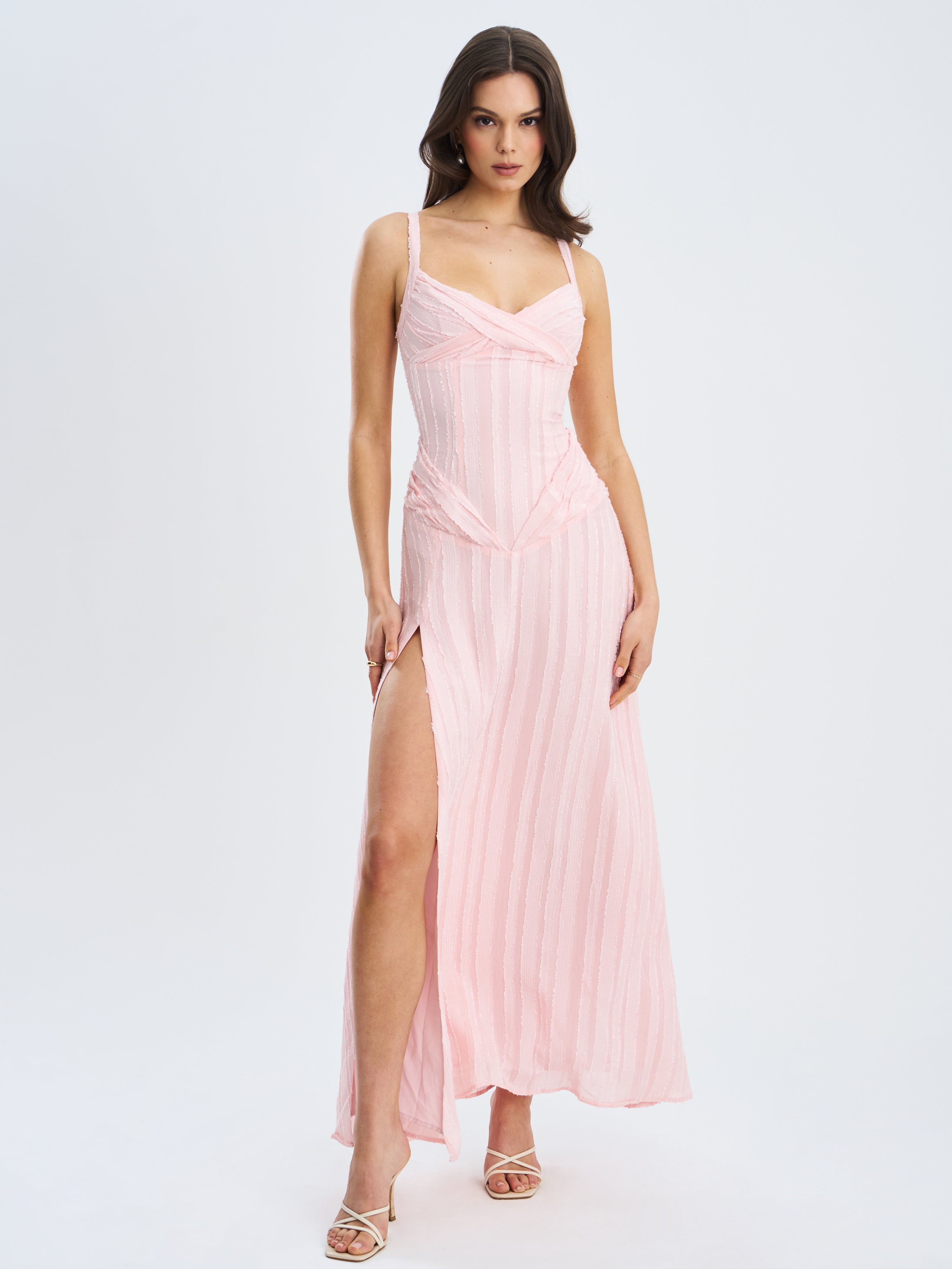 Mallory Baby Pink Stripe Jacquard High Slit Gown
