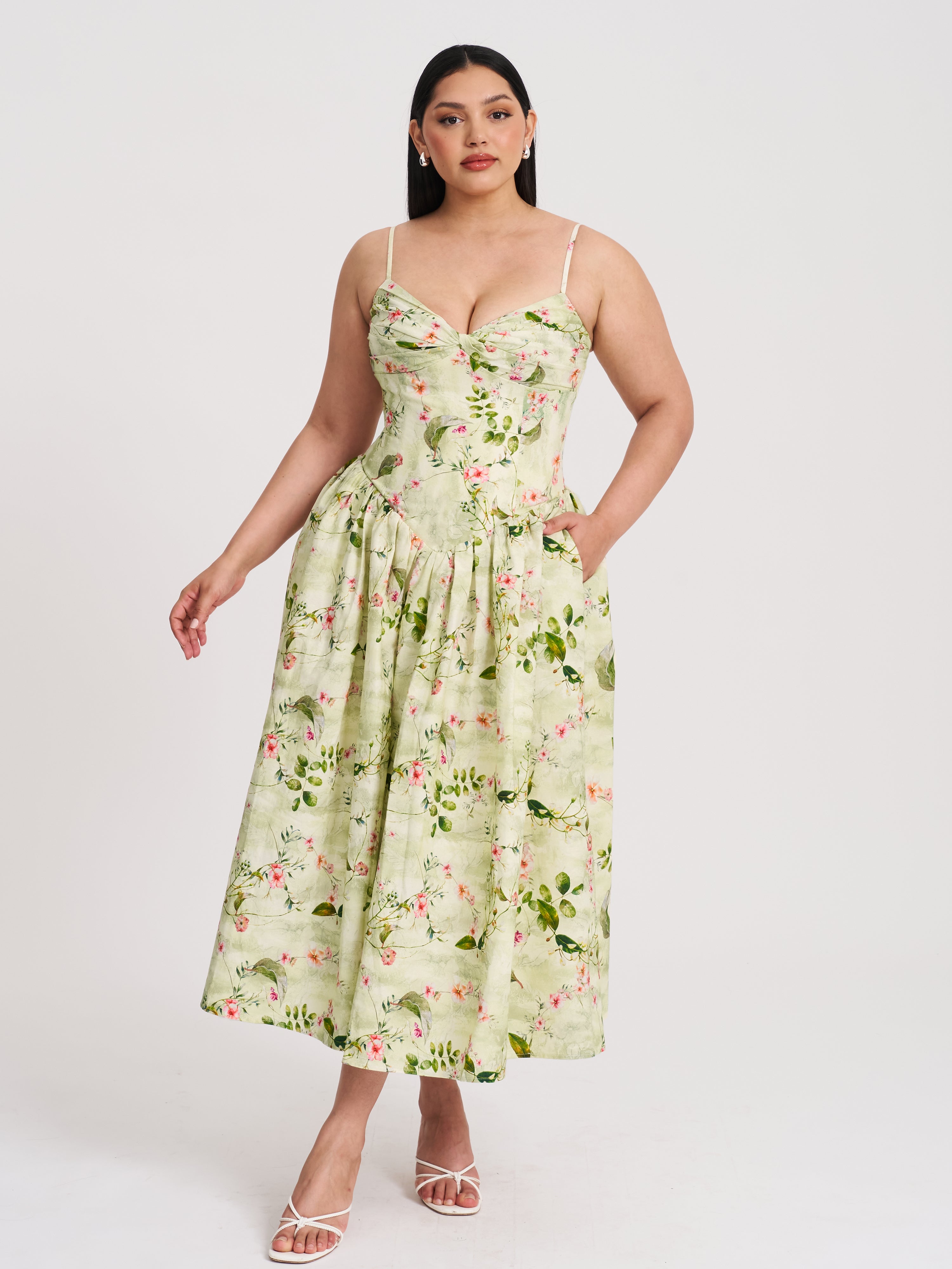 Jacinda Green Floral Print Ruched Breast Linen Midi Dress