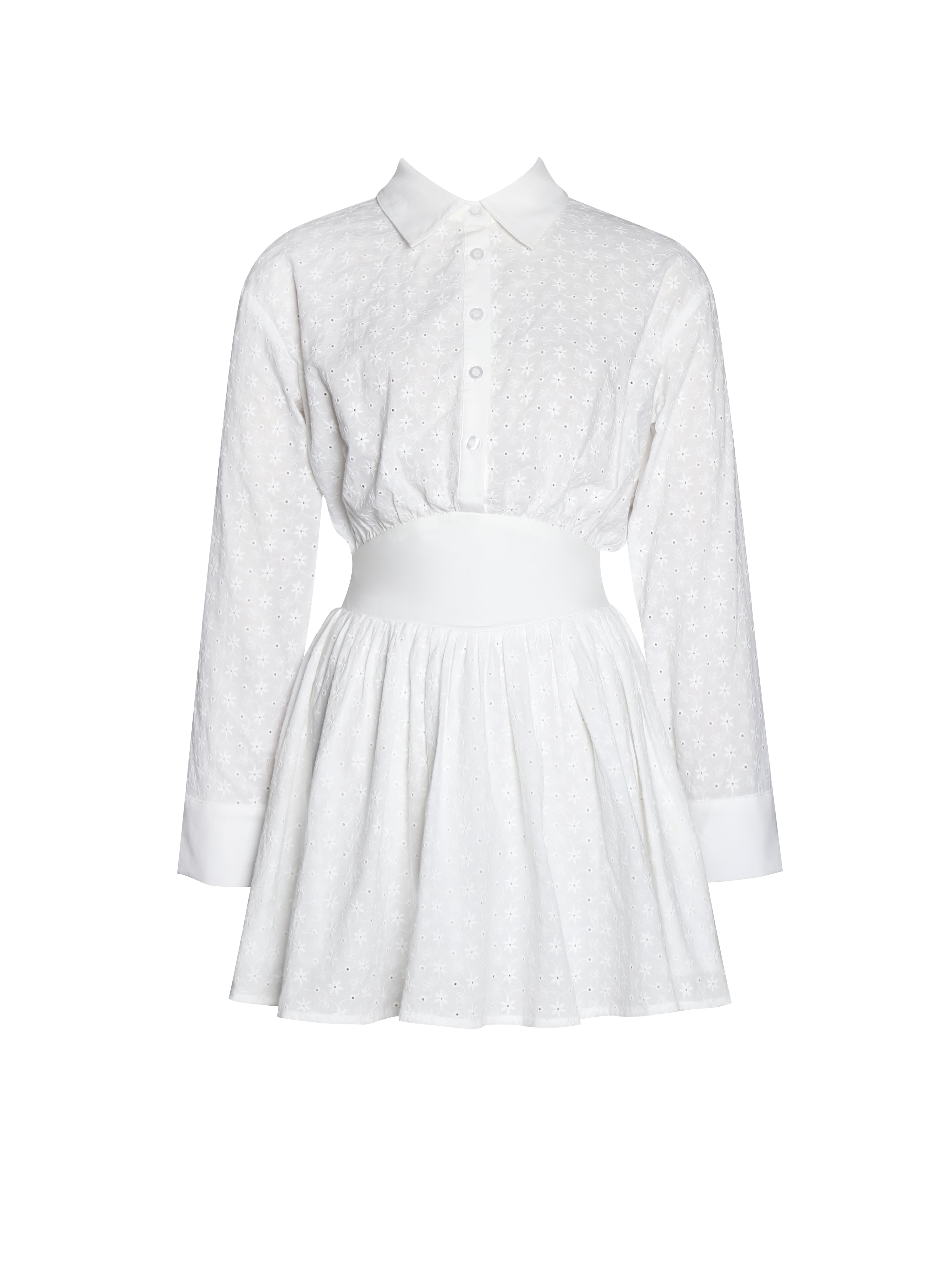 Gabriella White Cotton Eyelet Button Up Long Sleeve Shirt Dress