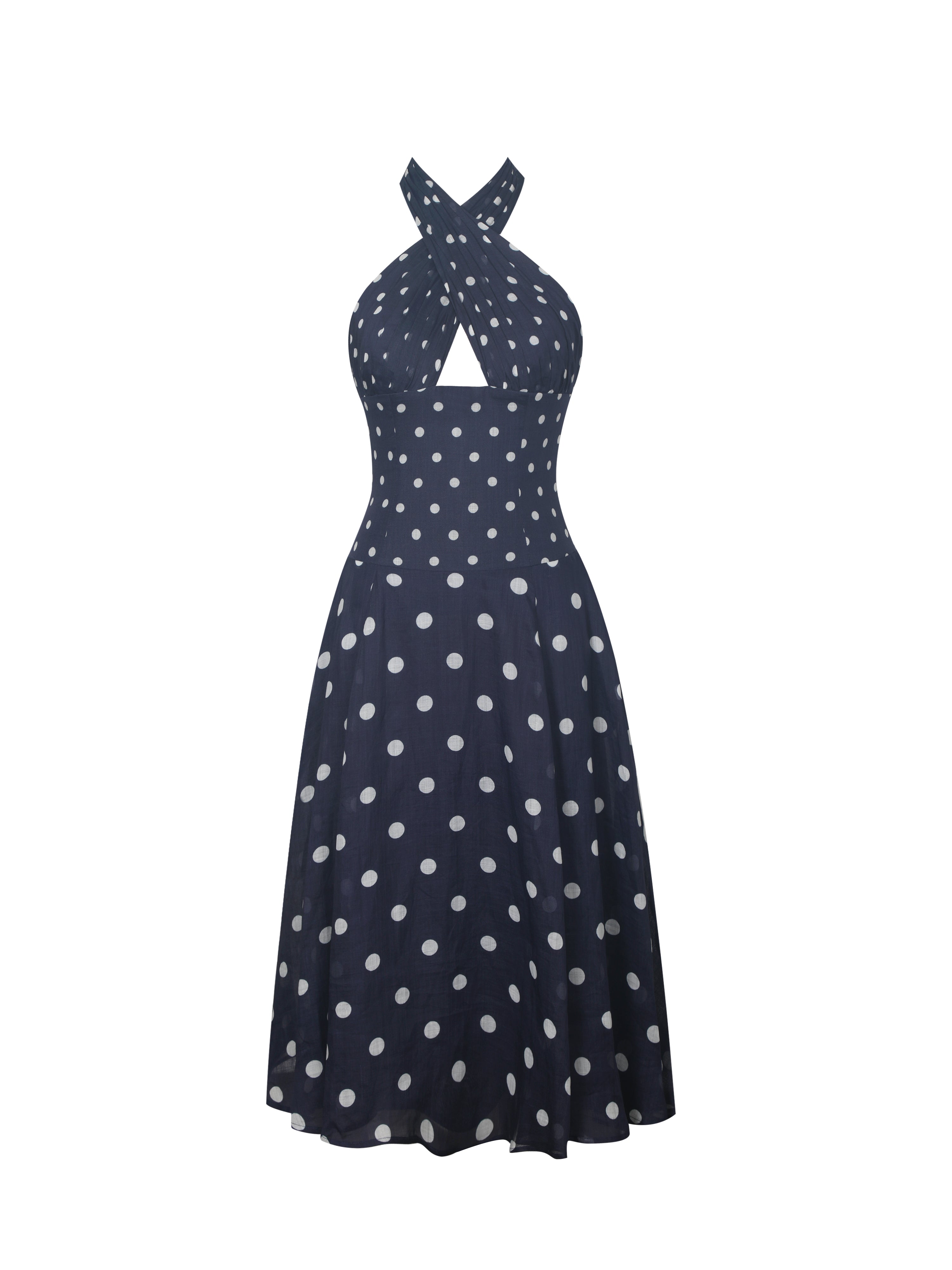 Nuri Navy Polka Dot Ramie Crossover Halter A-Line Midi Dress